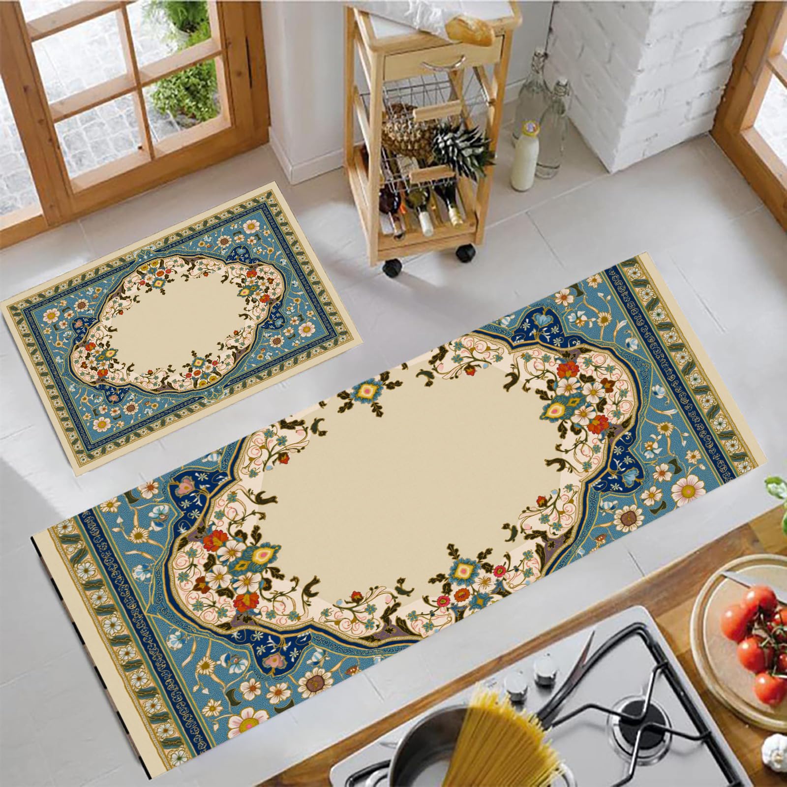 Tapis de cuisine lavable lot de 2 beige à motifs arabes pour sol propre et sécurisé