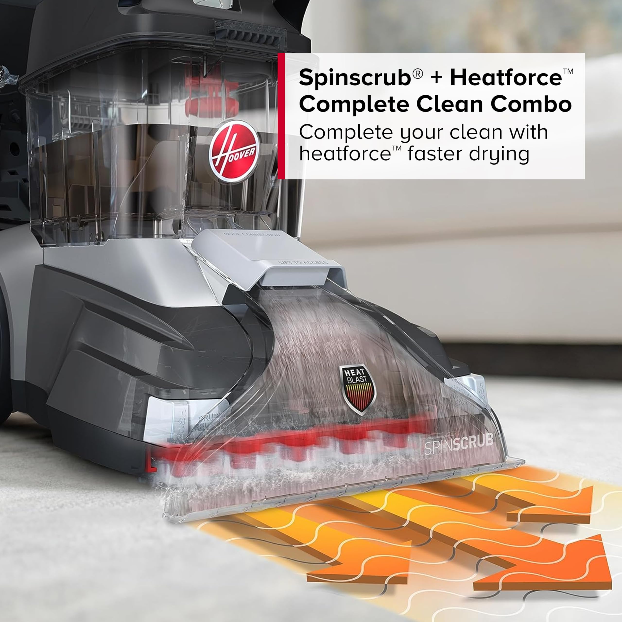 The Hoover PowerScrub XL Pet carpet cleaner with its SpinScrub brushes and tank system.
