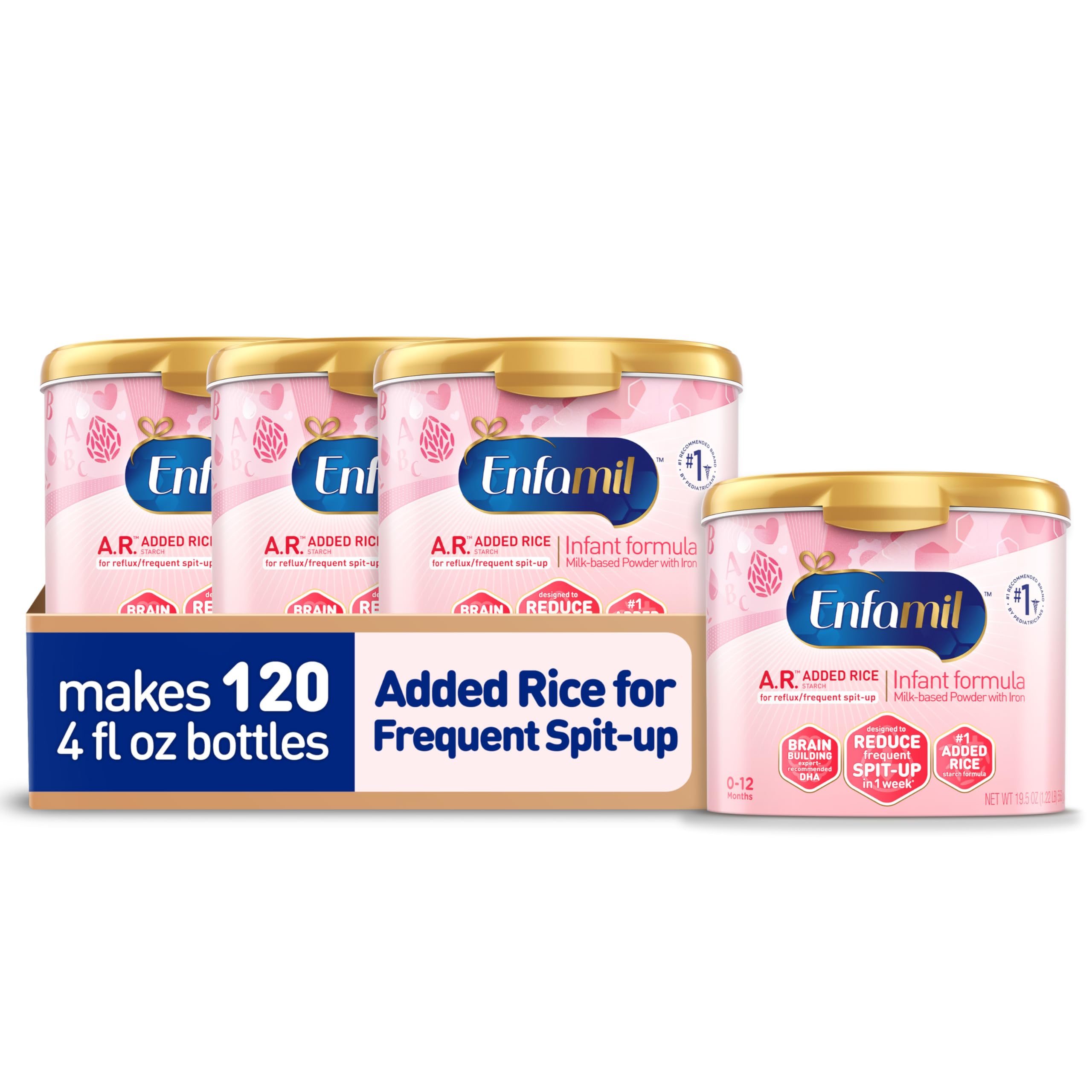 Enfamil A.R. Baby Formula, Added Rice Starch Formula to Reduce Reflux & Spit-Up, DHA for Brain Development, Probiotics to Support Digestive & Immune Health, Baby Milk, 19.5 Oz Tub, 4 Count