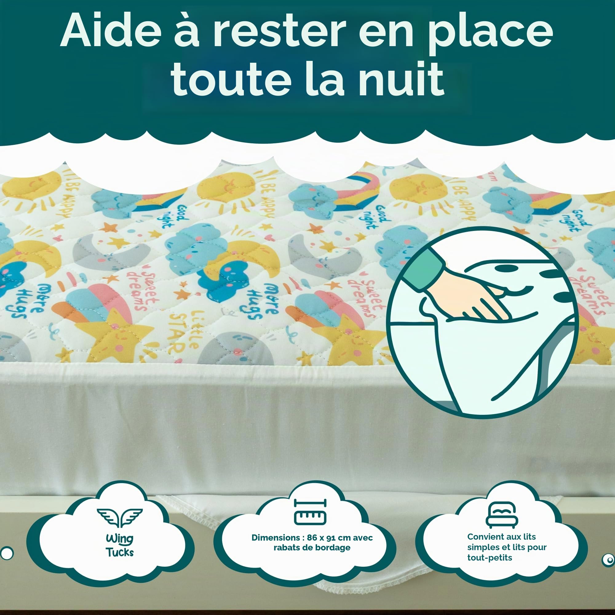 Alèses de lit d'apprentissage de la propreté | Protège-matelas 100 % imperméable | Draps d'énurésie, taille pour lits simples et tout-petits | Tapis antidérapant avec bandes latérales | Marque