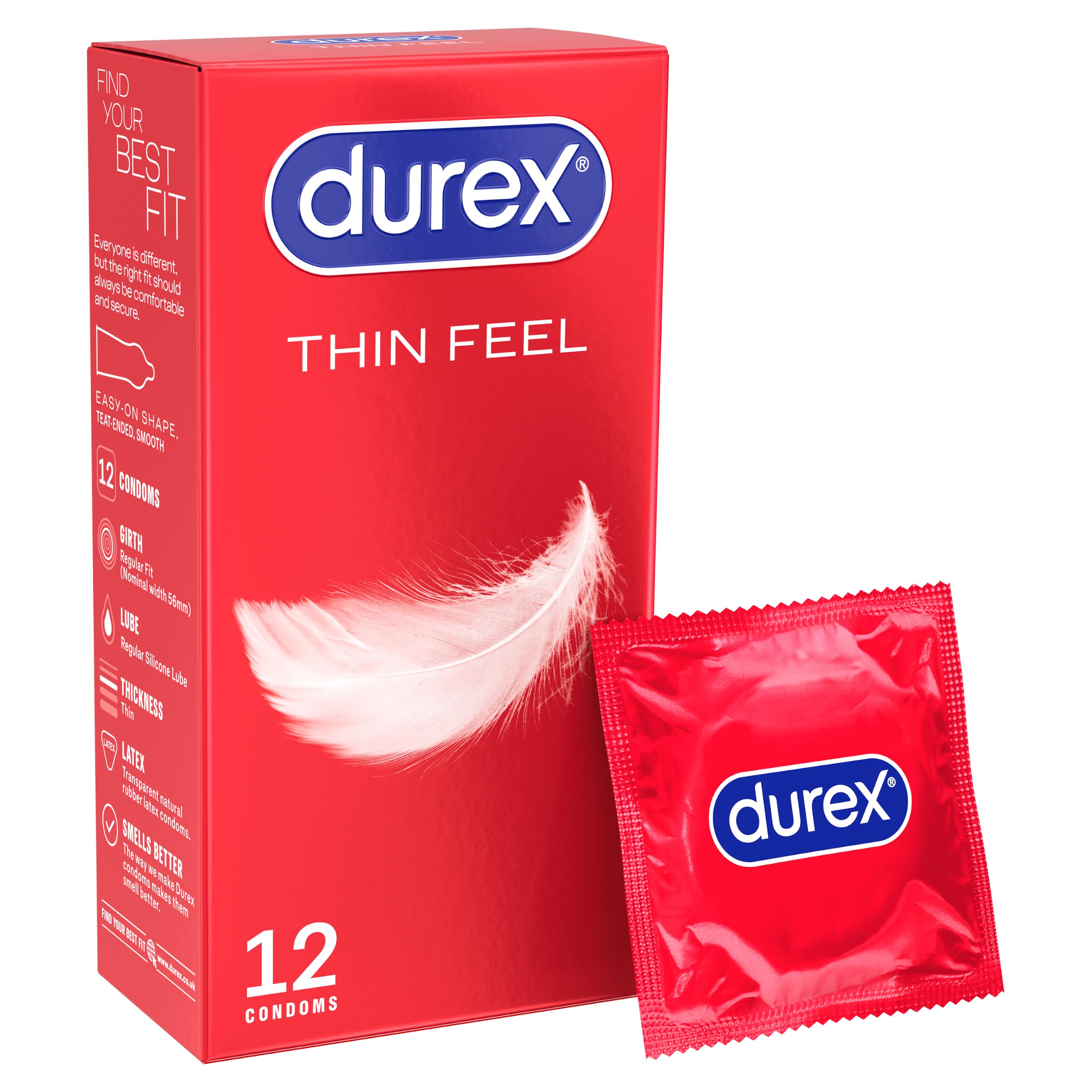 Durex Thin Feel, 12 Condoms, With Silicone Lube, Easy On Shape, Regular Fit, Natural Latex, Thin for More Sensitivity, Same Durex Security and Protection, Teat Ended
