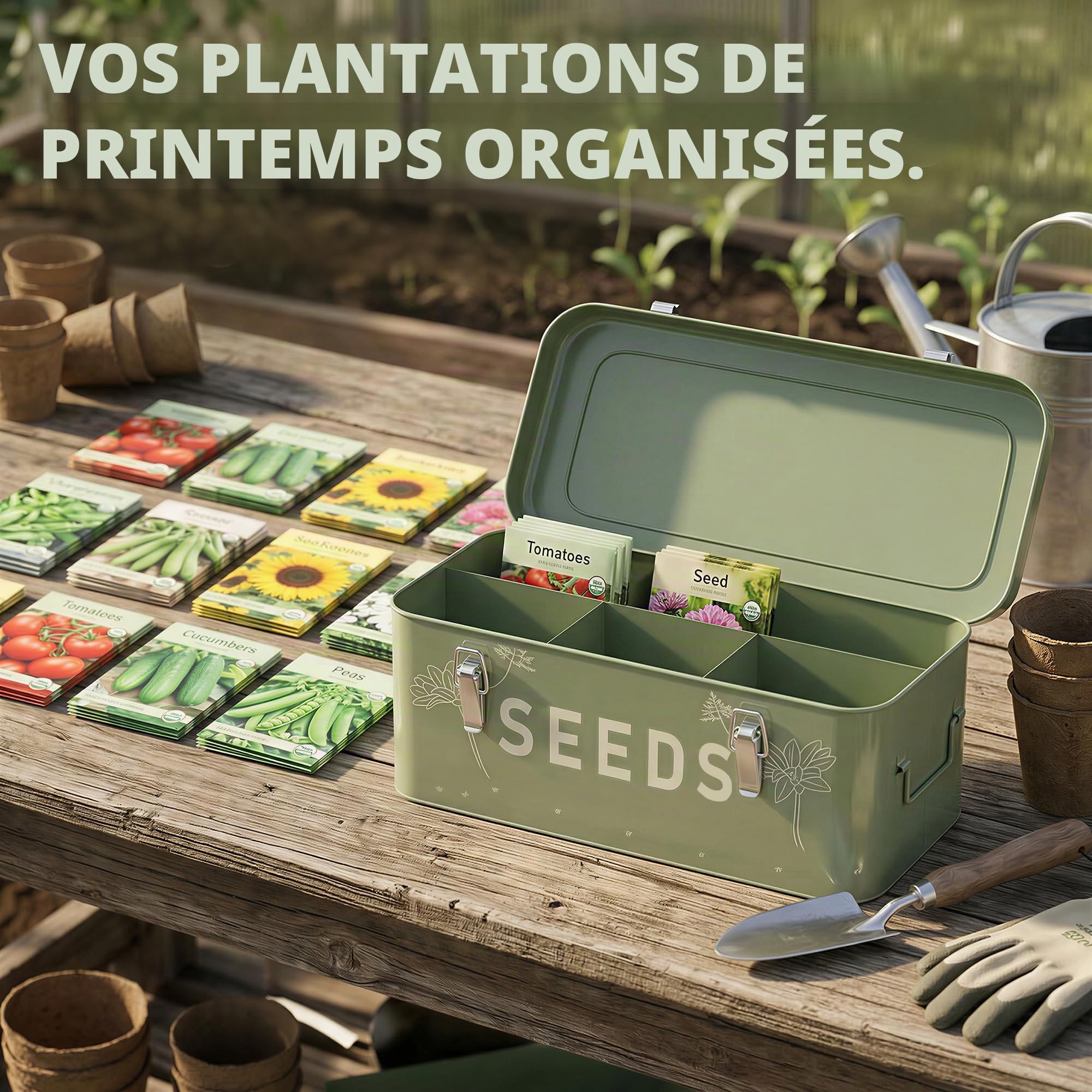 Orionstar Organiseur de graines en métal avec couvercle, bac à graines avec 30 étiquettes pour plantes, 30 enveloppes de graines, 1 marqueur, boîte à 4 compartiments avec verrous de sécurité, vert
