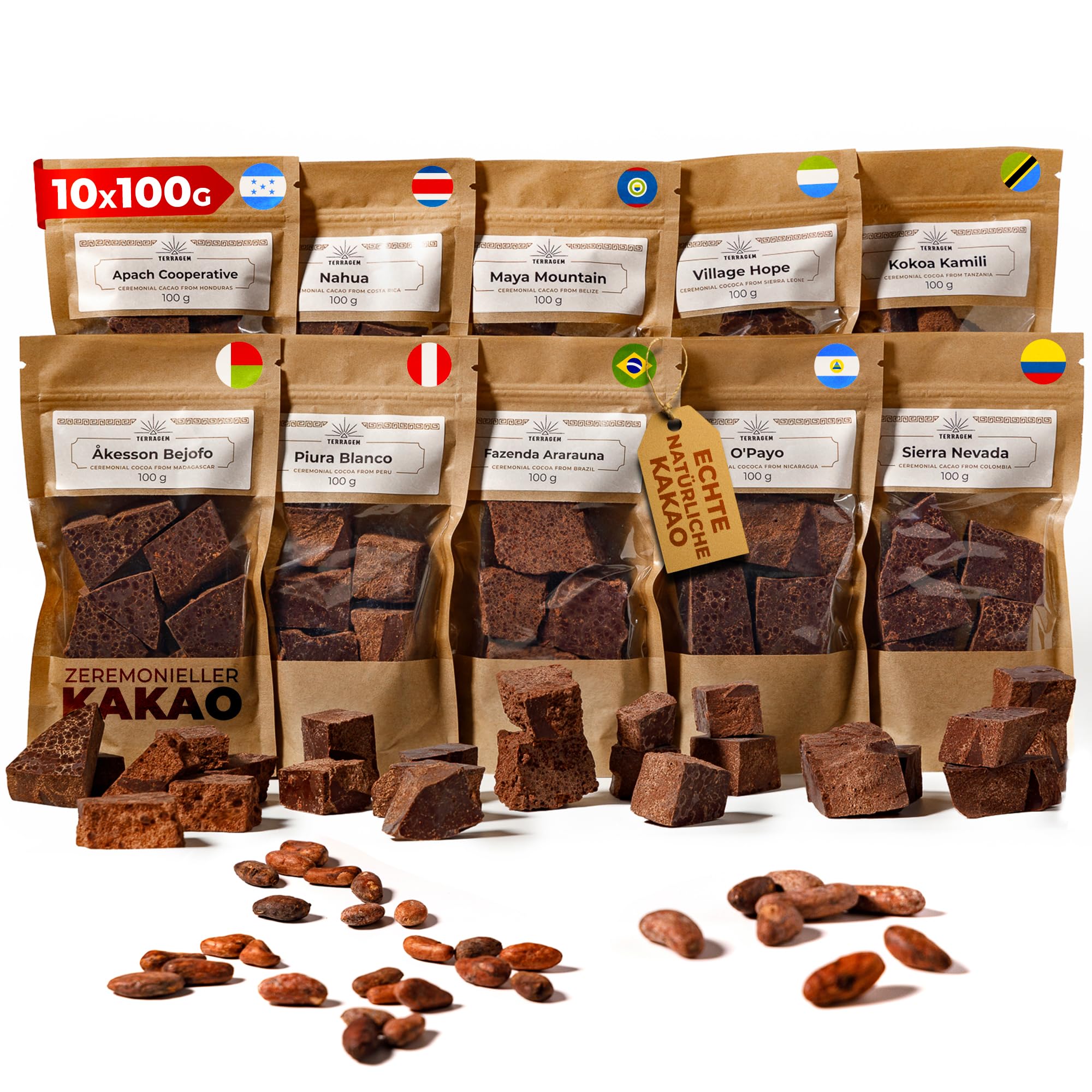 TERRAGEM Zeremonieller Kakao – 100% Kakaomasse (10×100 g) – ohne Zuckerzusatz, vegan – für Trinkkakao & Heiße Schokolade