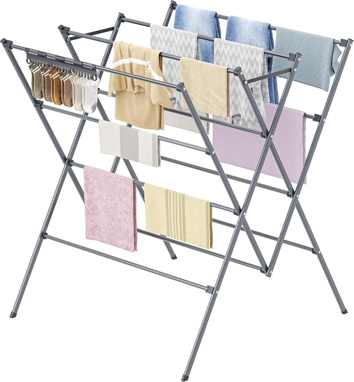 HOMIDEC Large Foldable Clothes Drying Rack: 12 Poles, Sock Clips, 50 lbs Capacity - Indoor Outdoor Silver Drying Stand