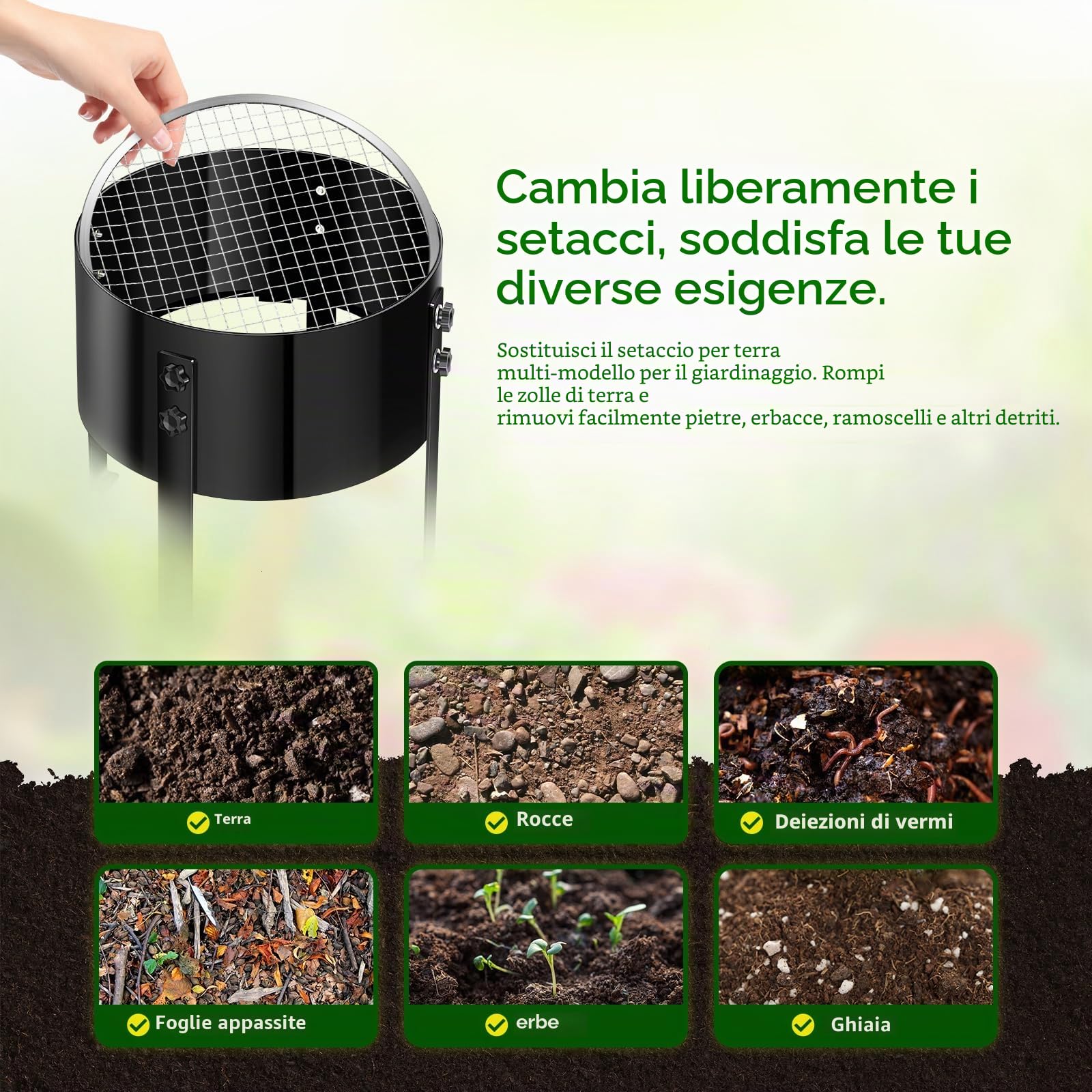 Setaccio rotante manuale migliorato per giardino, setaccio per compost, filtro a maglie da 13 pollici con 4 setacci intercambiabili (3/6/9/12 mm), setaccio orticolo, setaccio per orticoli