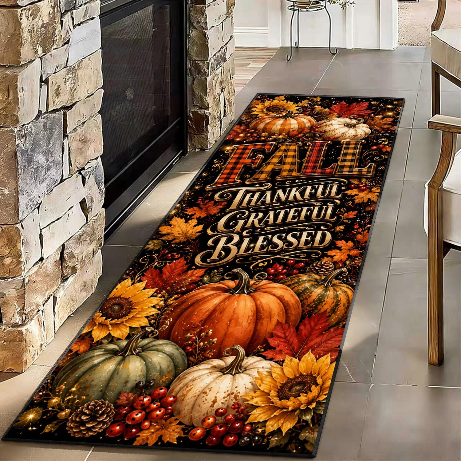 Fall Hallway Pumpkin Rug Black Orange Thanksgiving Maple Rug 80x300cm