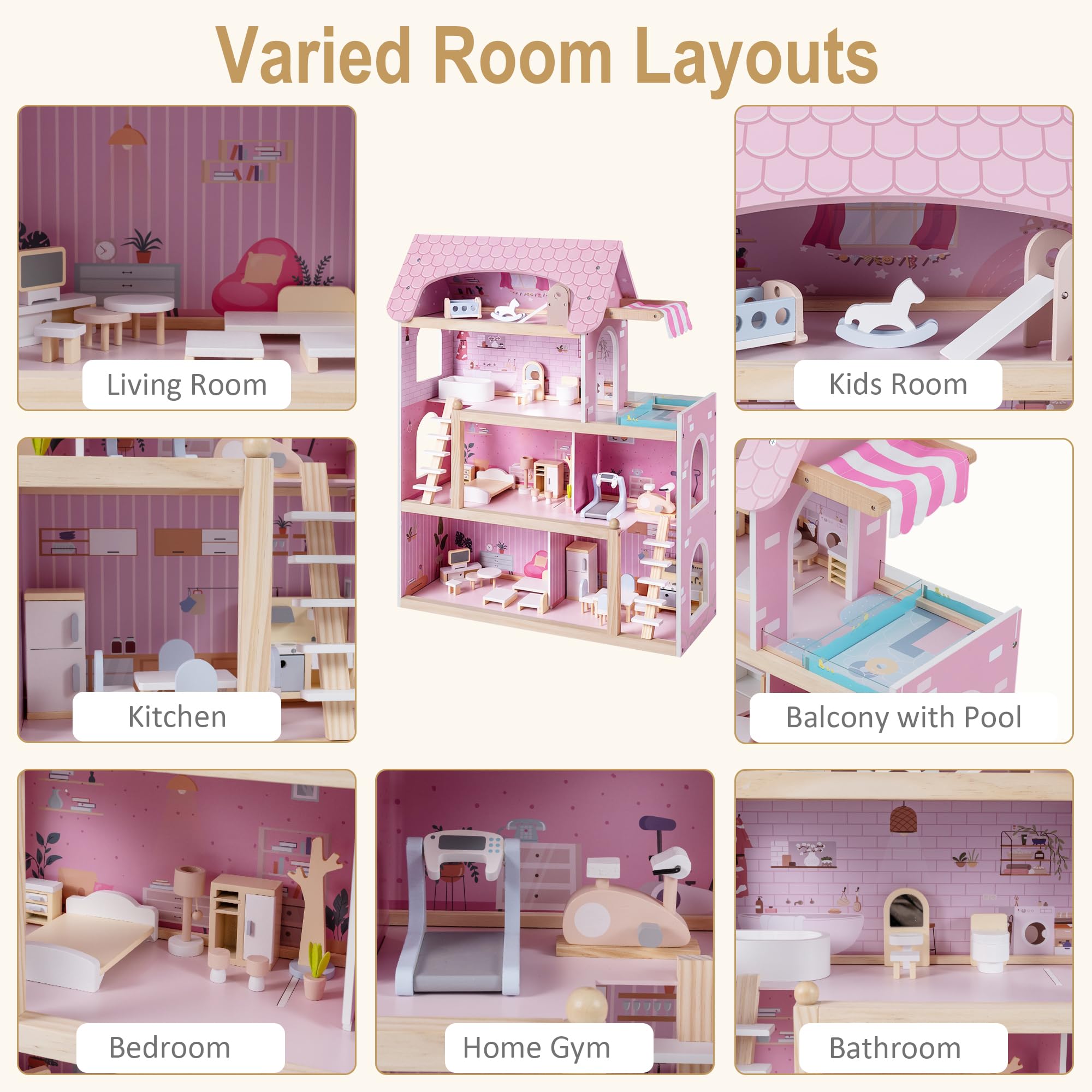HOMASIS Puppenhaus inkl. komplettem Möbeln & Zubehör, Bunt Puppenstube Holz, Puppenvilla mit 3 Etagen & vielen Zimmern, Dollhouse für Mädchen, Traumvilla für Kinder ab 3 Jahren (Modell 5, Rosa)