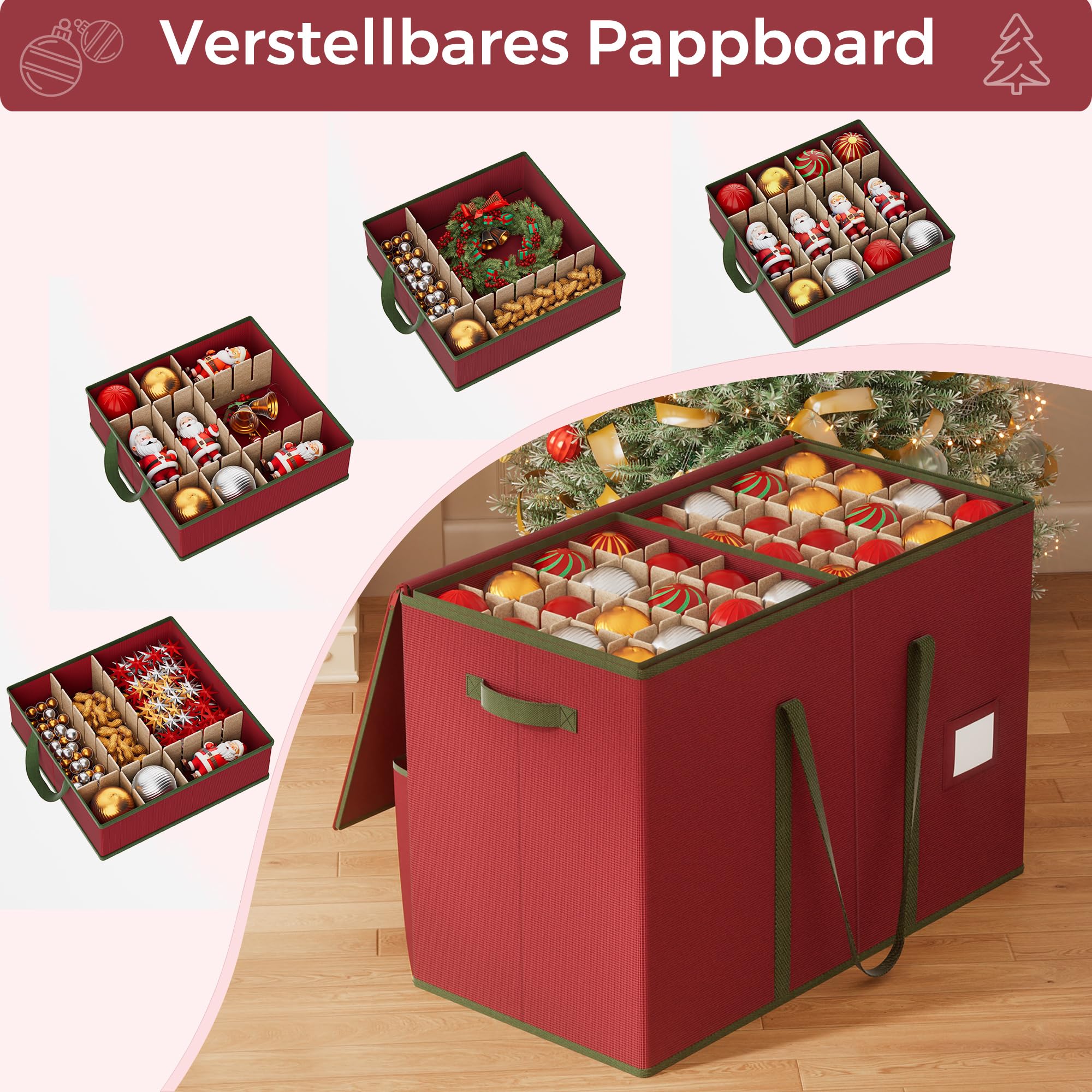 Weihnachtskugel Aufbewahrungsbox， für Weihnachtsschmuck, stapelbarer Weihnachts-Aufbewahrungsbehälter mit Deckel, 10 Fächer, 600D Oxford,7,6 cm 160 Steckplätze,64 x 32 x 43.5 cm,Rot