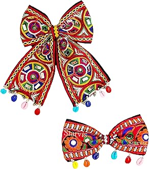 Starvis Navratri Special Hair Accessories Bow Tie Hair Bow Clip – Traditional Embroidered Bow for Women & Girls, Festive Hair Accessory for Garba, Dandiya, and Indian Ethnic Wear Hair Clip with Shell Dandiya Night For Women
