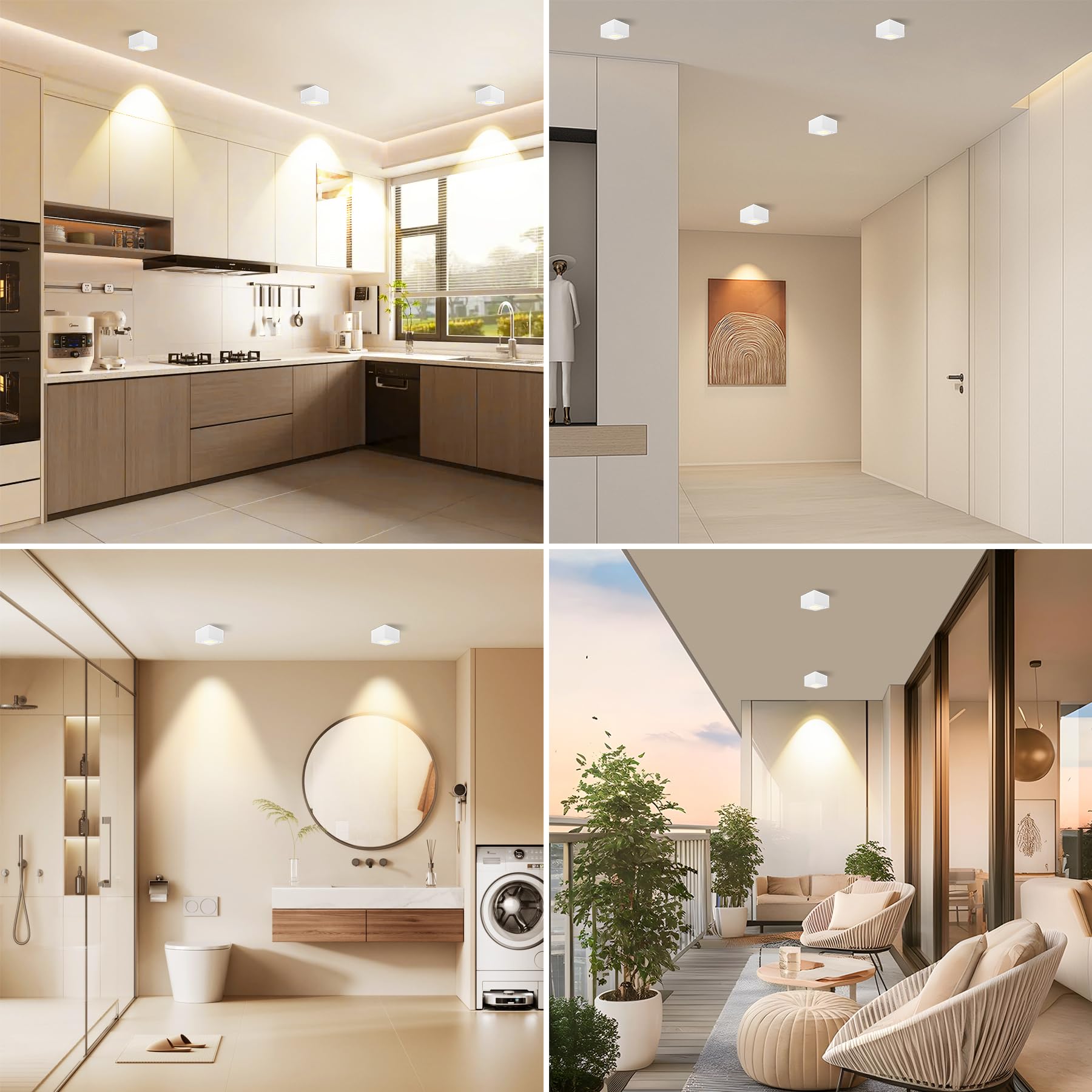 2x Spots de plafond Blanc, Carré, Dimmable, IP44 salle de bain, Spot plafonnier plat Ø80x50mm, Comprend module LED remplaçable de 5W 550LM, 3CCT 3000K/4000K/6500K aluminium Spot LED en Saillie
