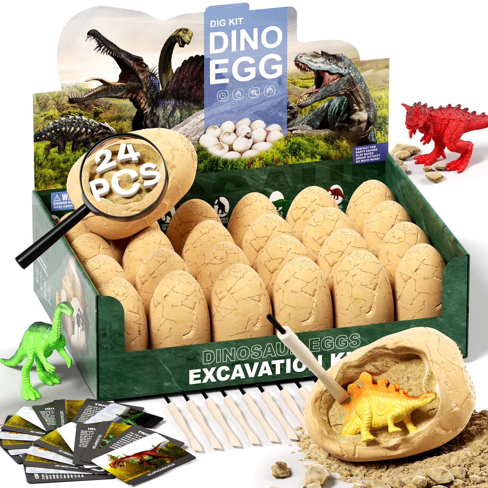 Uregoio 24 Dinosaur Eggs Dig Kit Toys for Kids, Surprise Dinosaur Eggs Excavation Kit with Magnifier, Science STEM Birthday Party Favors Easter Gifts