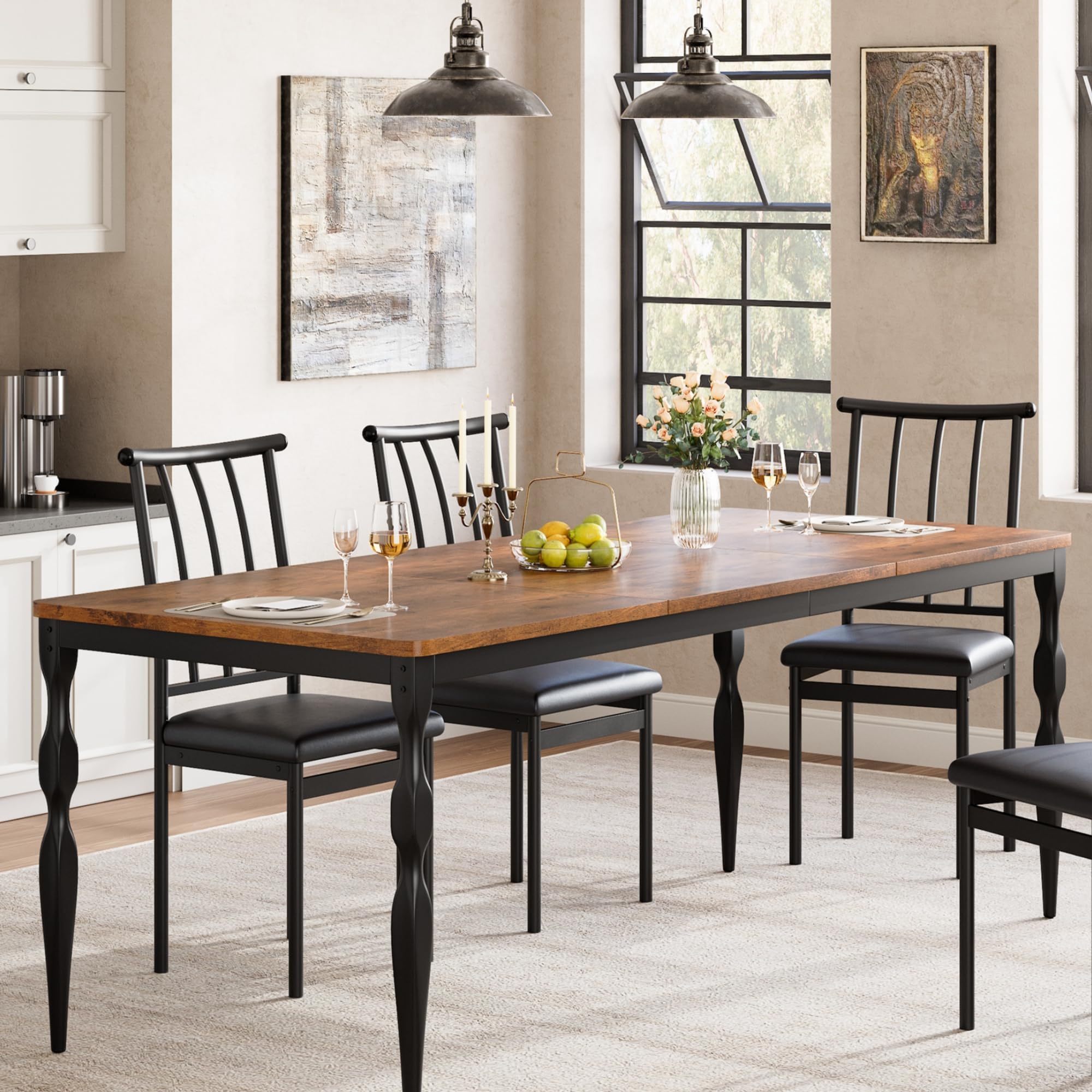 Zstar Mesa De Comedor Industrial para 6 Personas, Mesa Larga De Madera con Diseño De Mortaja y Espiga, Mesa De Cocina con Patas De Metal Resistentes, para Comedor, Oficina, Sala De Estar.