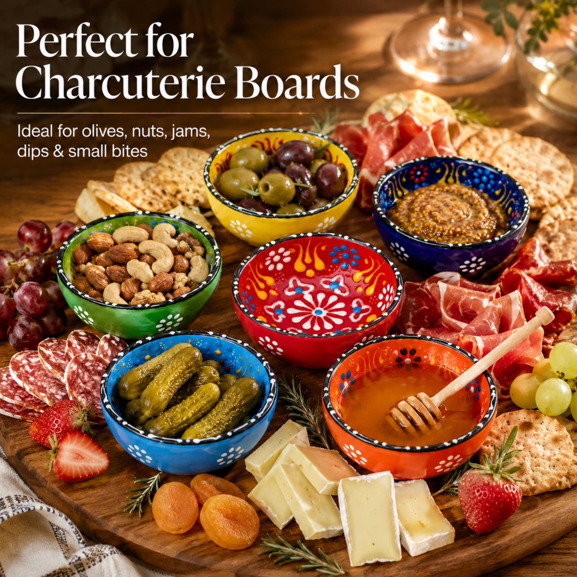 BCS Keramik-Schüsseln, 6er-Set, kleine Schalen zum Dippen, Kochvorbereitung und Charcuterie-Brett, Sojasaucenschale, mehrfarbig, handgefertigt, dekorative Servierschalen (8,1 cm – 85 ml)