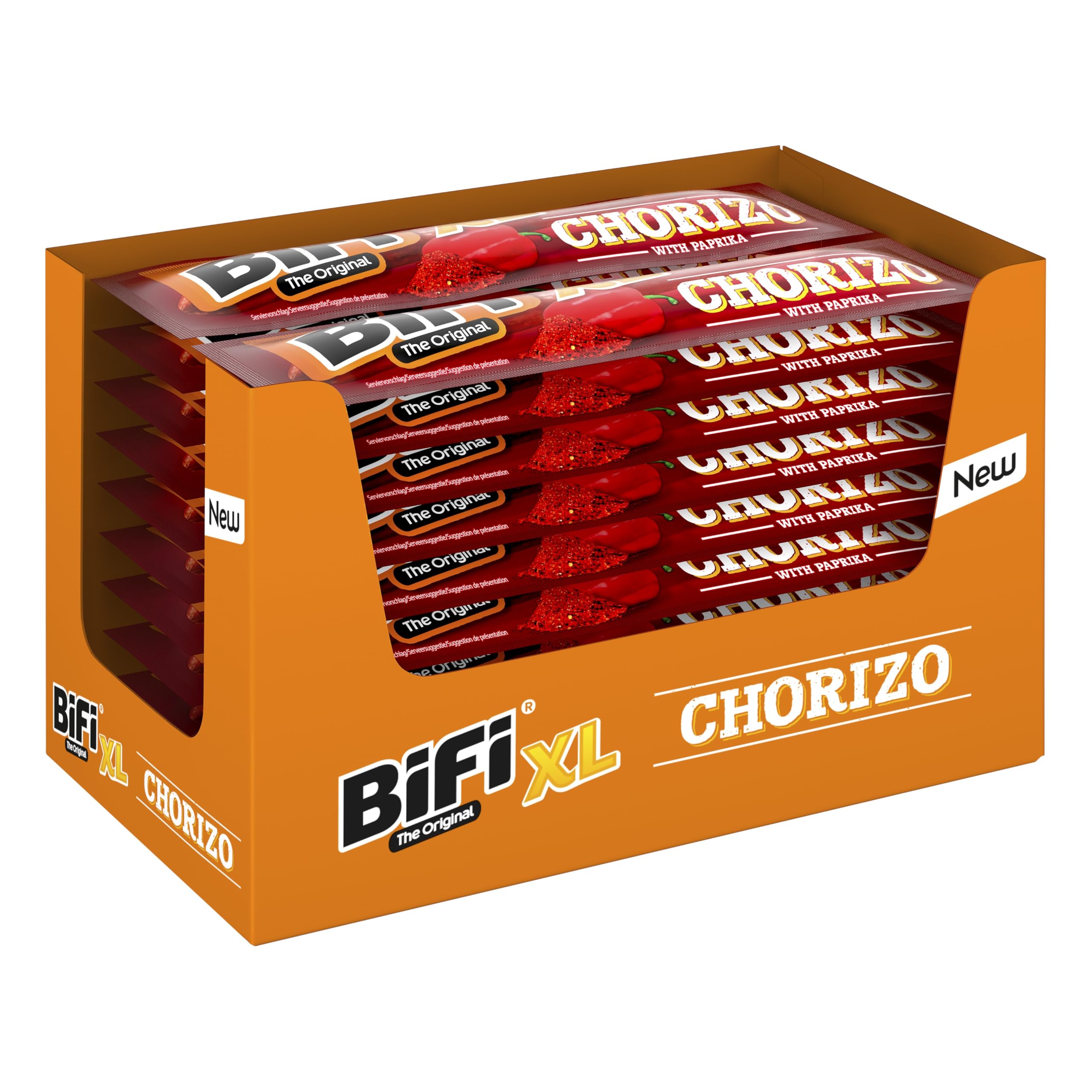 BiFi Chorizo XL Sticks - Pack de 20 unidades de 26 g de aperitivos para llevar, palitos de chorizo con pimentón, chile y ajo, para picar