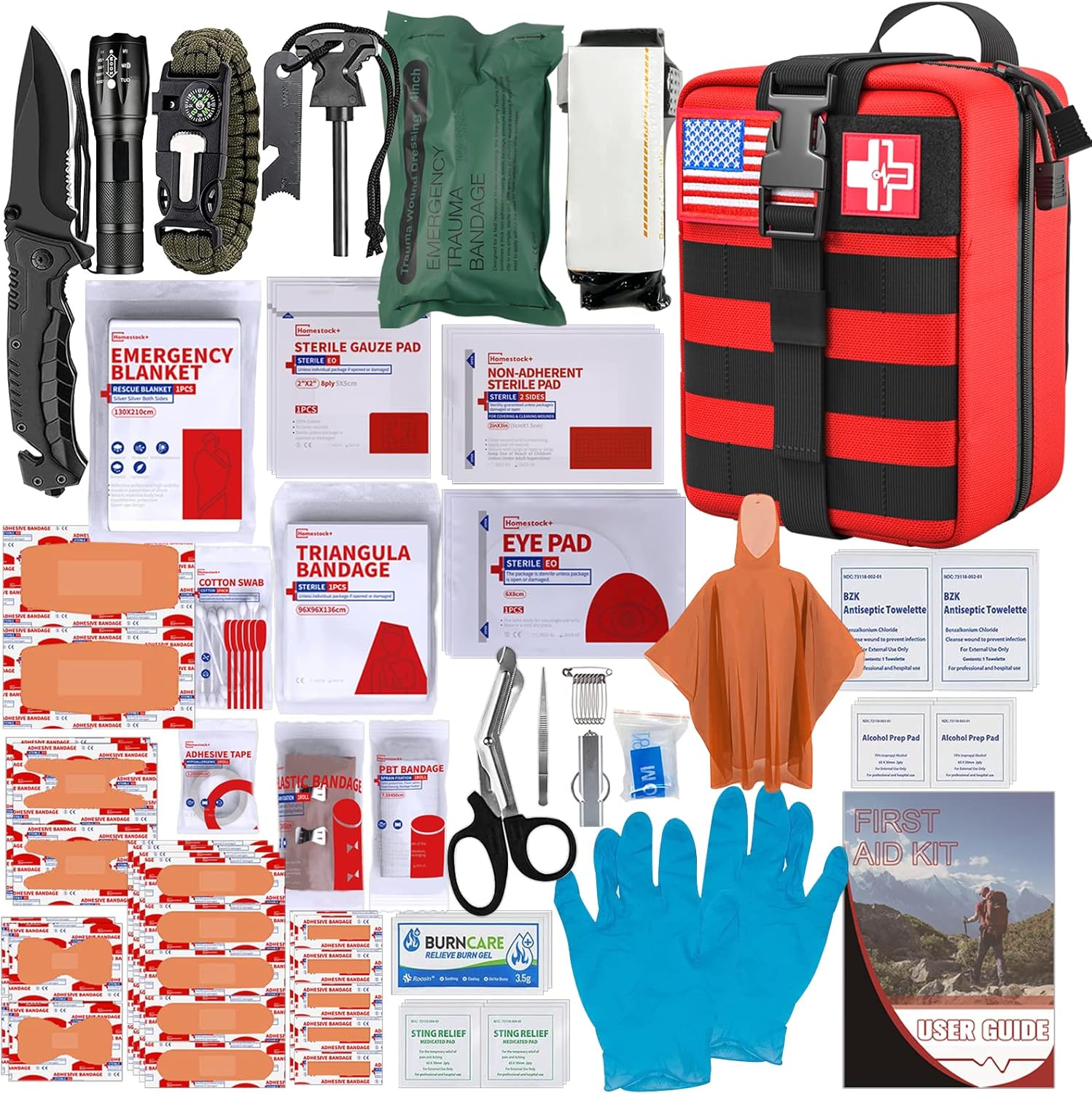 [2023 Upgrade] First Aid Kit,Survival Gear Outdoor Tactical Gear Set Military Grade Molle System for Camper Travel Hunting Hiking and Adventures（RED） : Health & Household