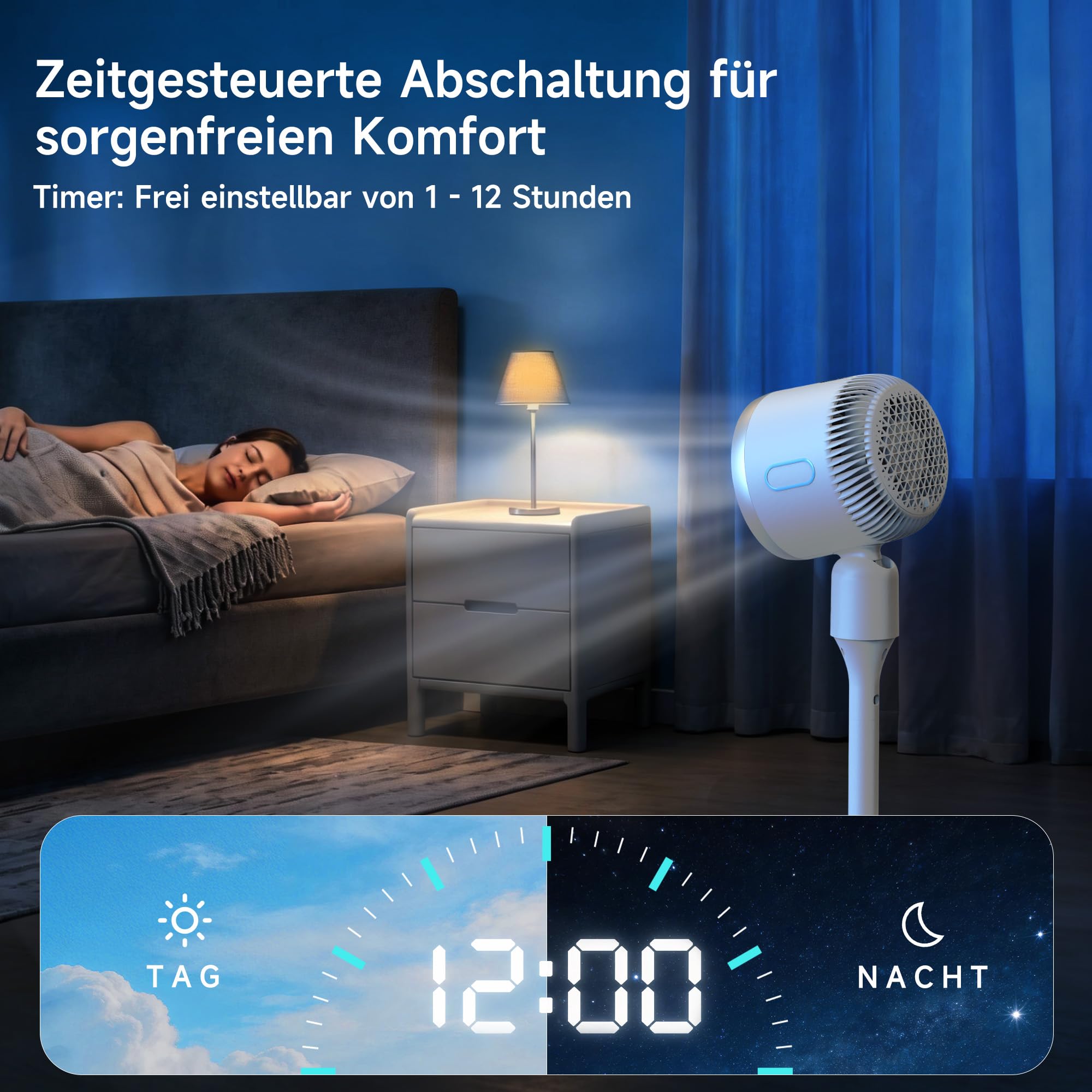 4-in-1 Multifunktionsventilator mit Wasserkühlung, Heizlüfter, Luftbefeuchter & Negativionen, 3 Windstufen, 60° horizontale Oszillation, 12h Timer, Wassertank, Kühlakku, Weiß