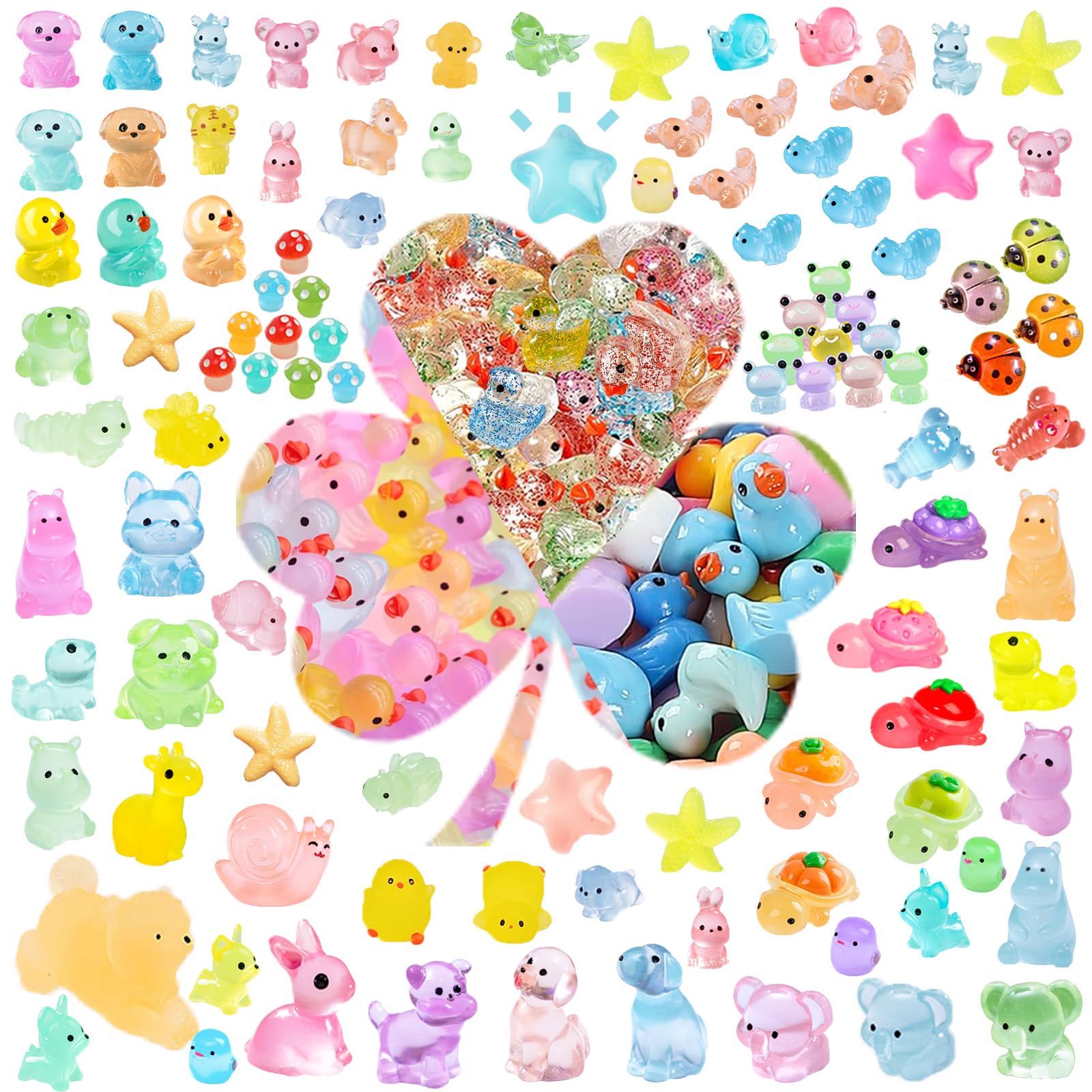 300pcs Mini Resin Animals Mixed, 66 Styles Tiny Luminous Glass Animals, Small Plastic Animal Figures Glow in the Dark for Potted Micro Landscape Fairy Garden Aquarium Dollhouse Decor & Hidden Game