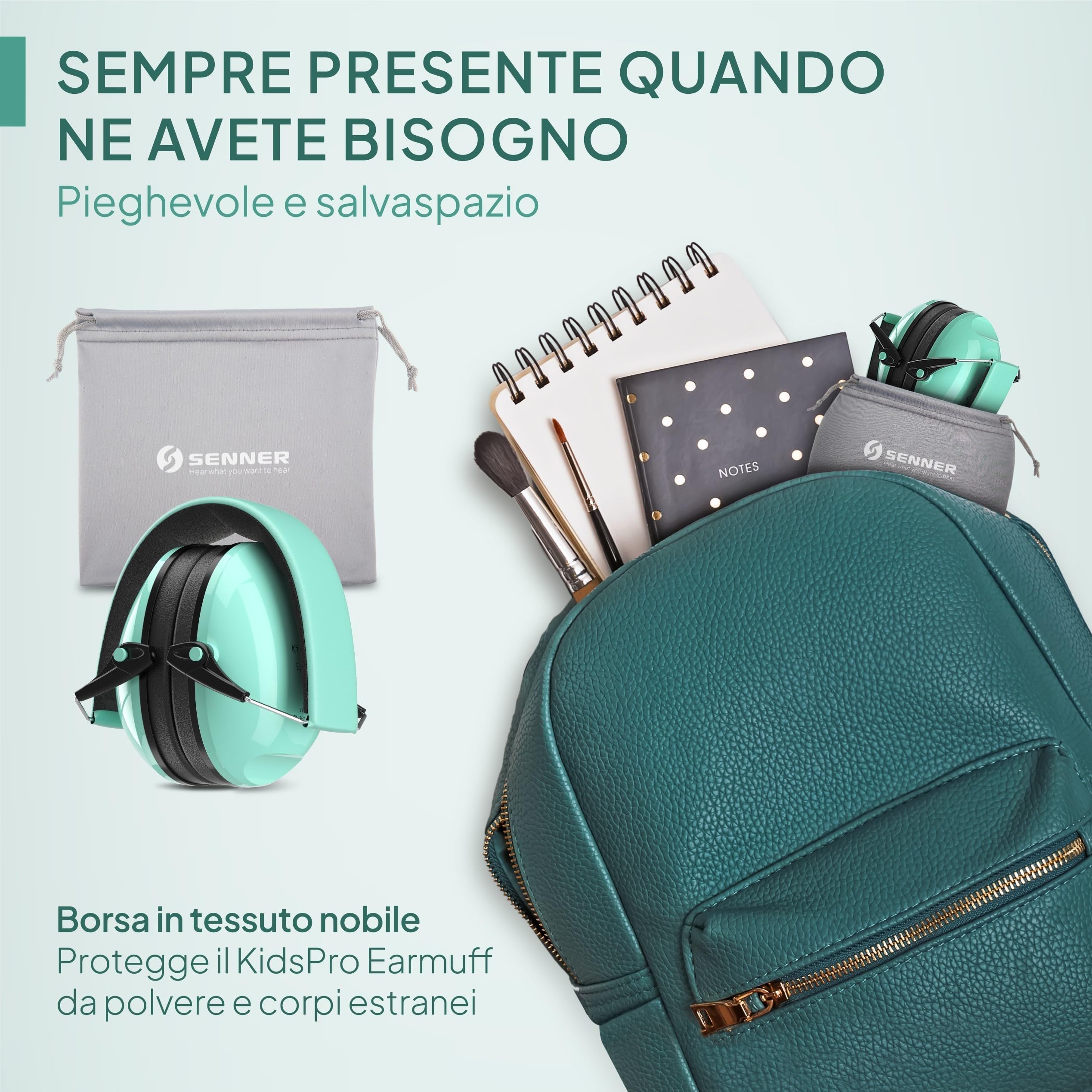 Senner ® KidsPro | Protezione uditiva bambini - Cuffie antirumore con SNR elevato di 28 dB - fino a 12 anni - regolabile - Paraorecchie per bambini - Turchese