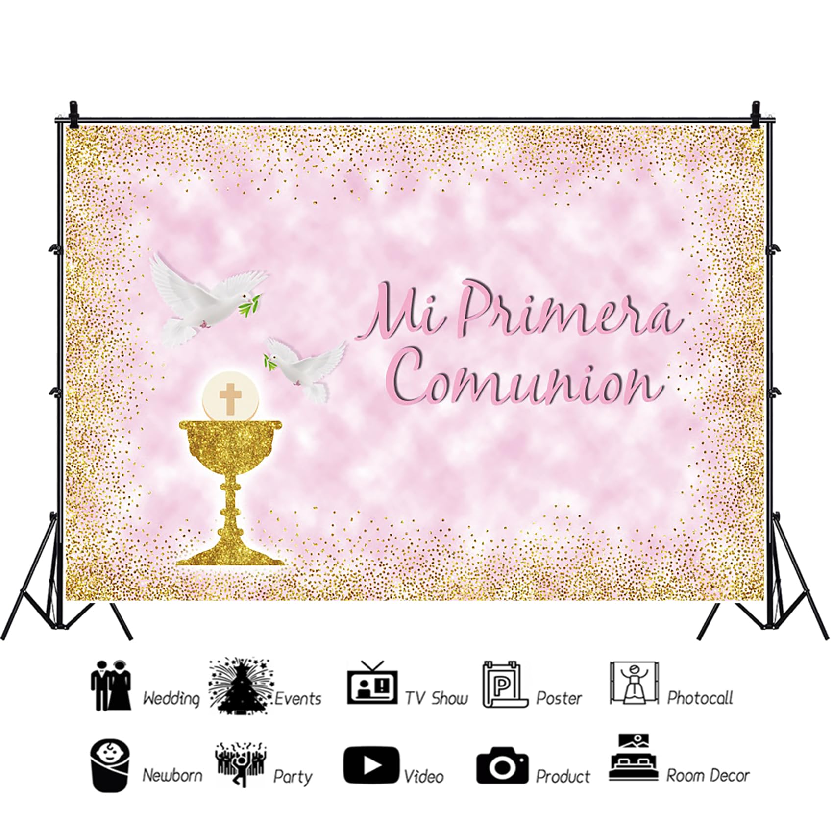 3,5x3m Mi Primera Comunion Fondo Palomas Primera comunión Bautismo Fotografía Fondo Rosado Oro Puntos Bautizo Baby Shower Telones de Fondo Foto Estudio Accesorios, Vinilo