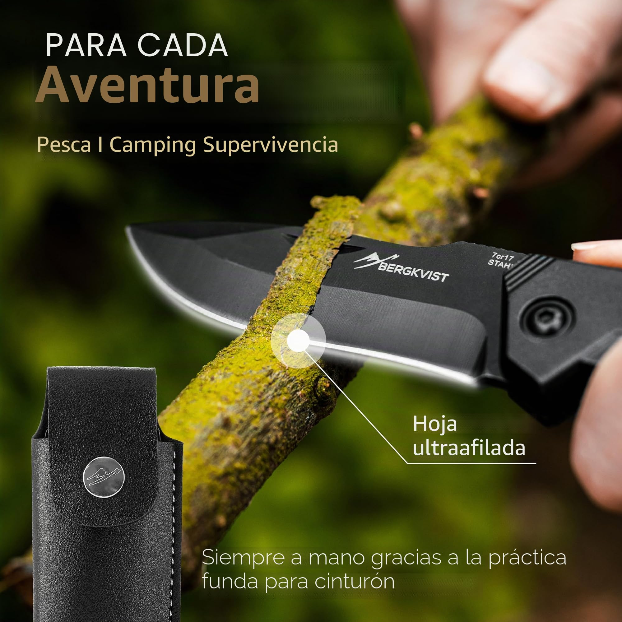 BERGKVIST® K10 Cuchillo plegable [navaja de dos manos], negro | Navaja afilada para exteriores, supervivencia o caza, con acero al fuego y funda de cinturón, todo metal
