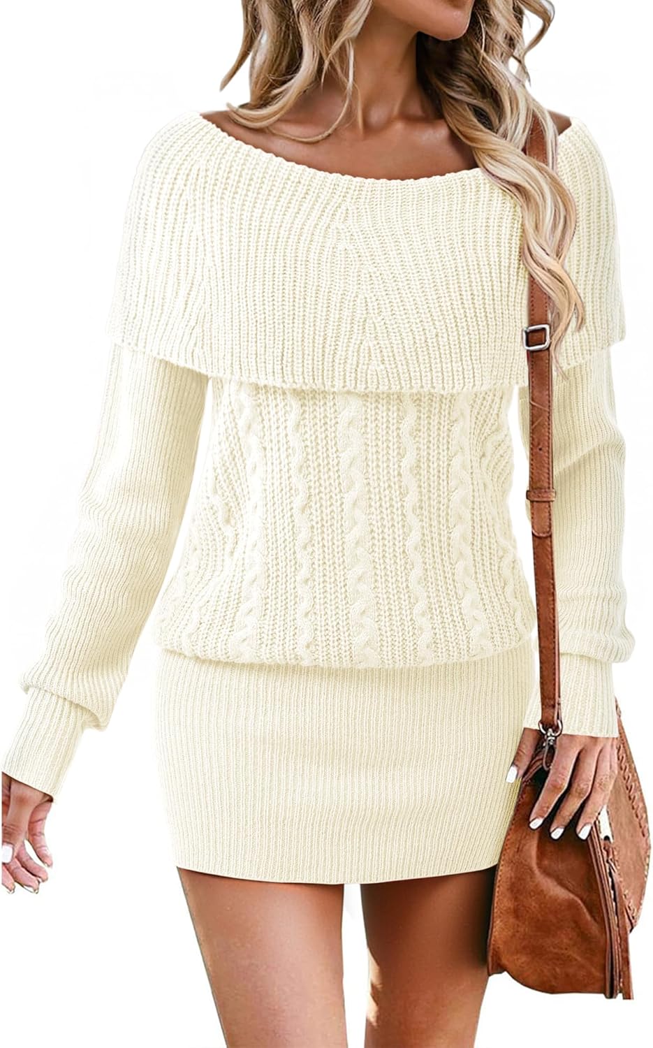 Bebonnie Women's Long Sleeve Cowl Neck Chunky Cable Knit Sexy Bodycon Mini Sweater Short Dress - Image 2
