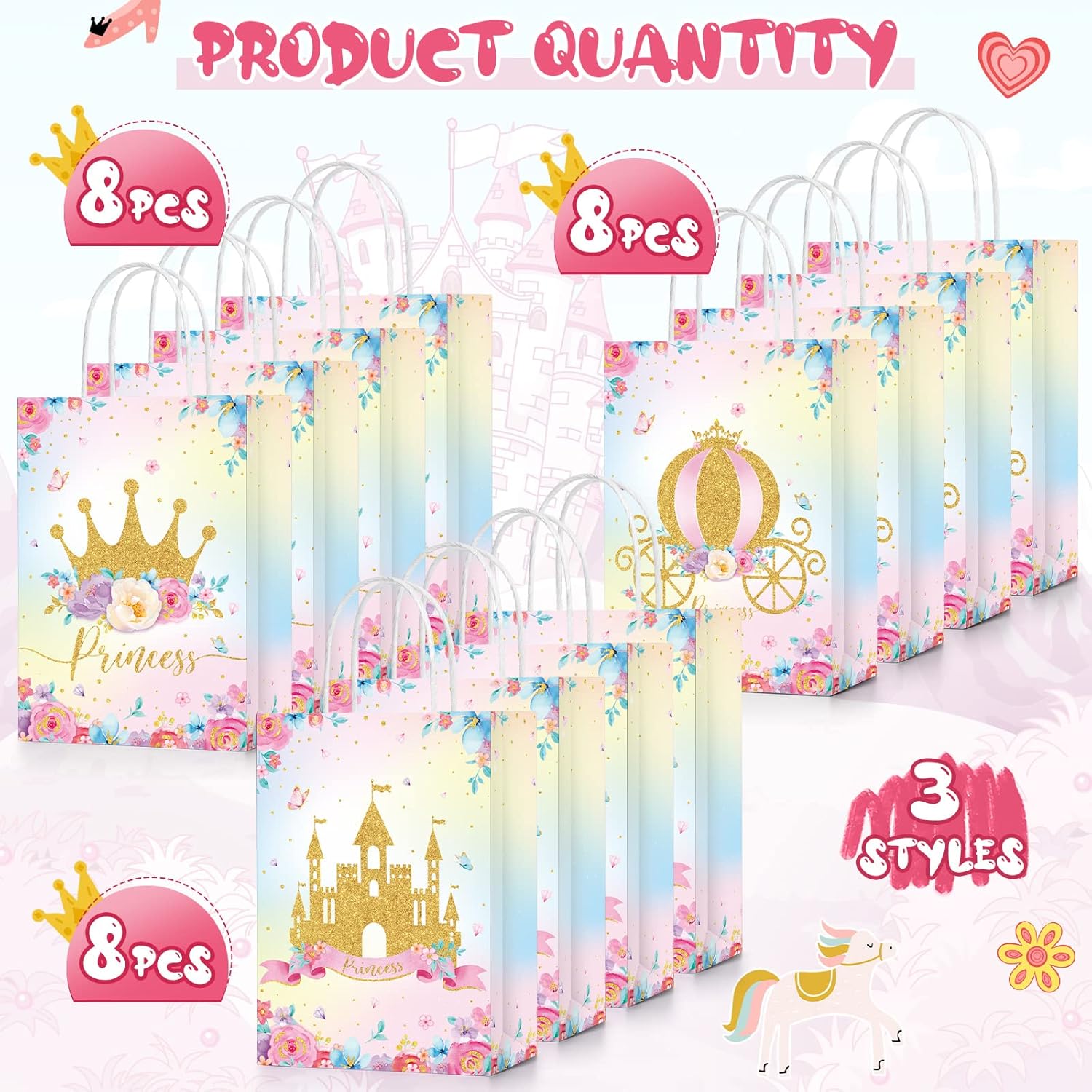 Sepamoon 24 Pcs Princess Prince Party Favor Bags Prince Princess Castle Party Bags Princess Treat Bags with Handles Candy Goodie Bags for Gender Reveal Party Baby Shower Wedding Supplies () - Image 3