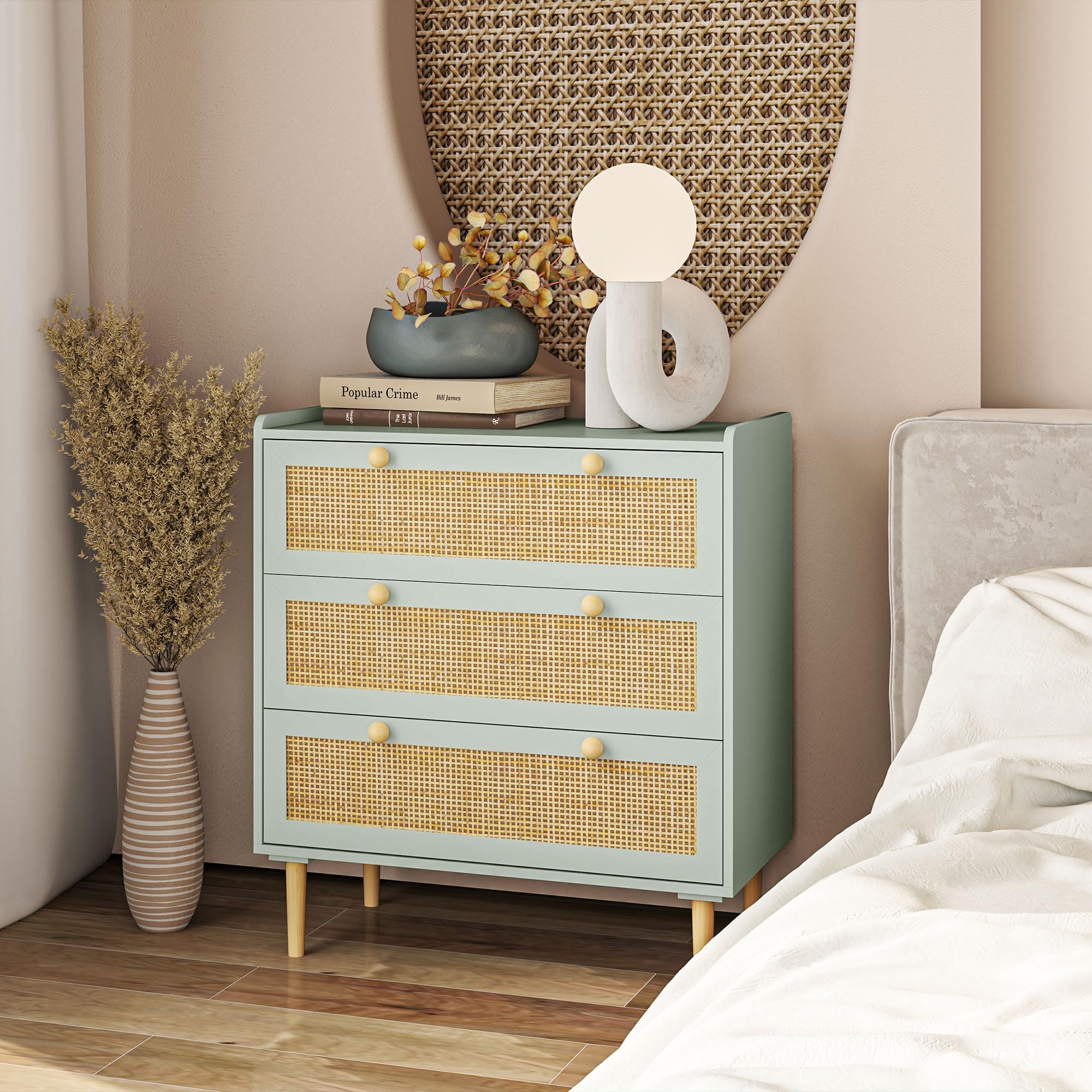 HOMCOM Commode 3 Tiroirs Rangement Bohème 80 x 40 x 87,5 cm Vert Olive | Commode Chambre, Meuble de Rangement, Effet Rotin Naturel, Cadre en Bois, pour Chambre à Coucher, Salon, Entrée
