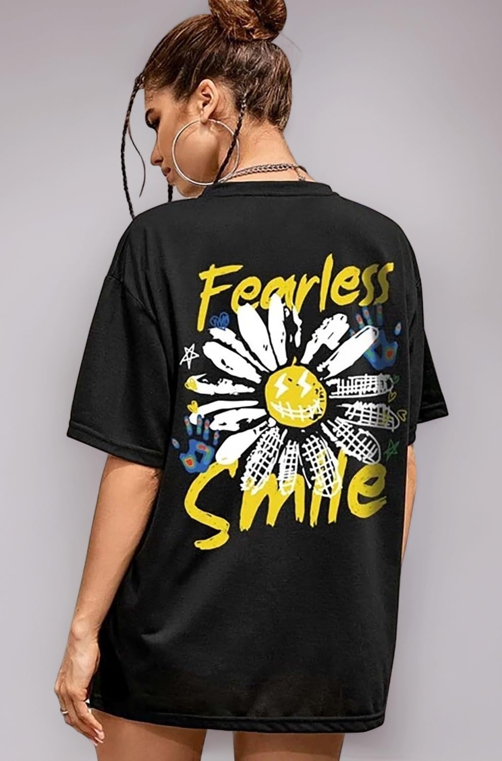 London Hills Women's Casual Printed Round Neck Oversized Longline Drop Shoulder Boho Style T-Shirt