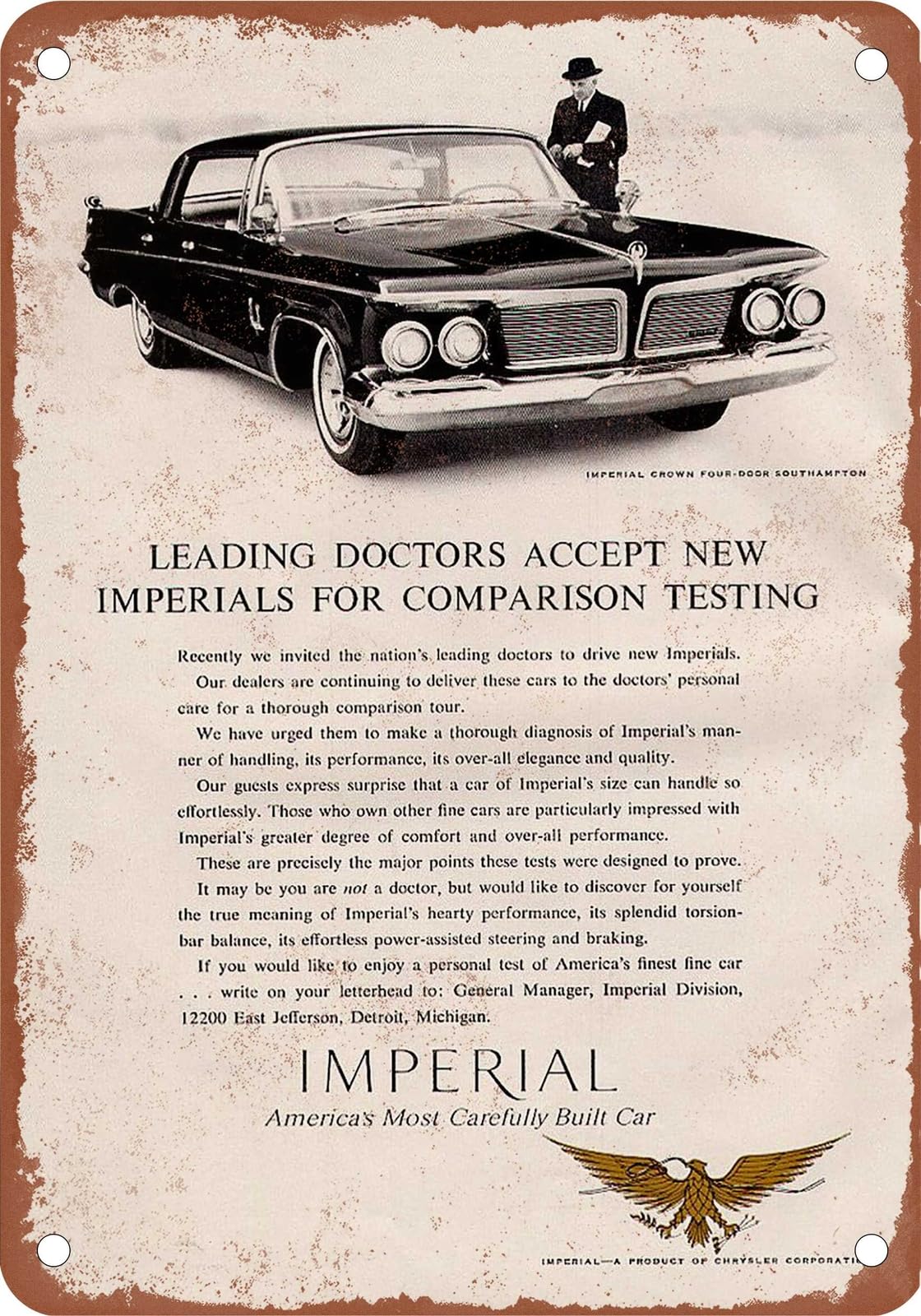 METAL SIGN - 1962 Imperial Vintage Ad 04 - Old Retro Rusty Look home decor