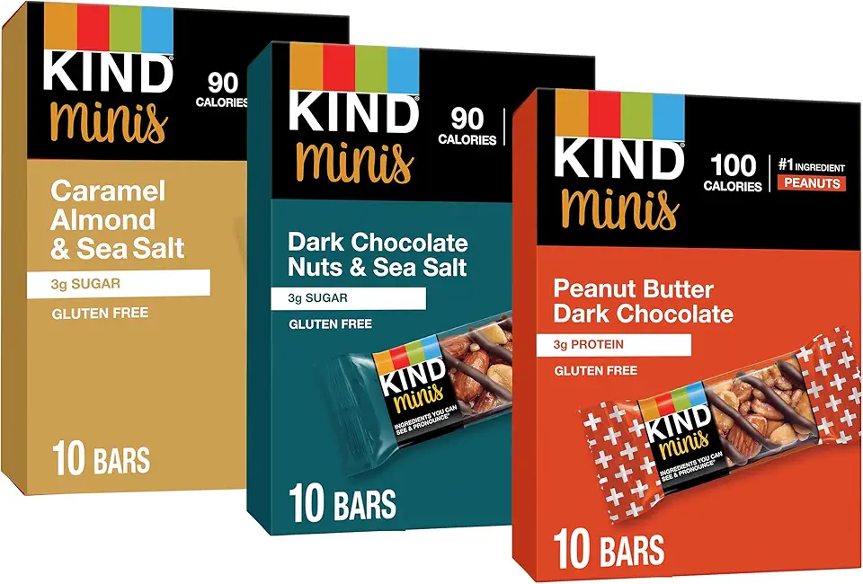 KIND Bar Minis, Variety Pack, Dark Chocolate Nuts and Sea Salt, Peanut Butter, Caramel Almond, Healthy Snacks, 3g Protein, Gluten Free, Low Sugar/Calorie Snacks, 30 Count