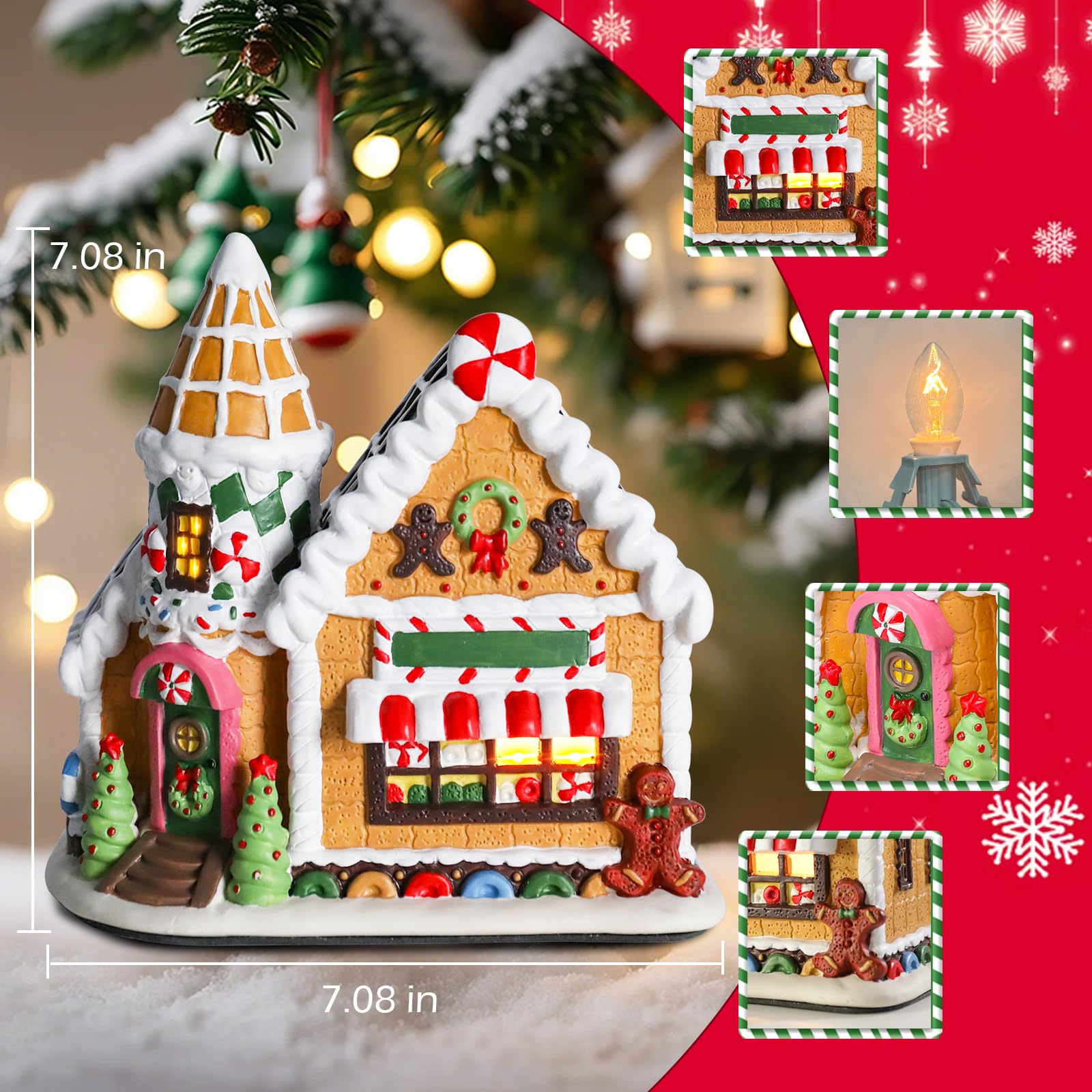 Christmas Gingerbread Village House - Hand-Painted Ceramic House With LED Lights for Christmas Decor