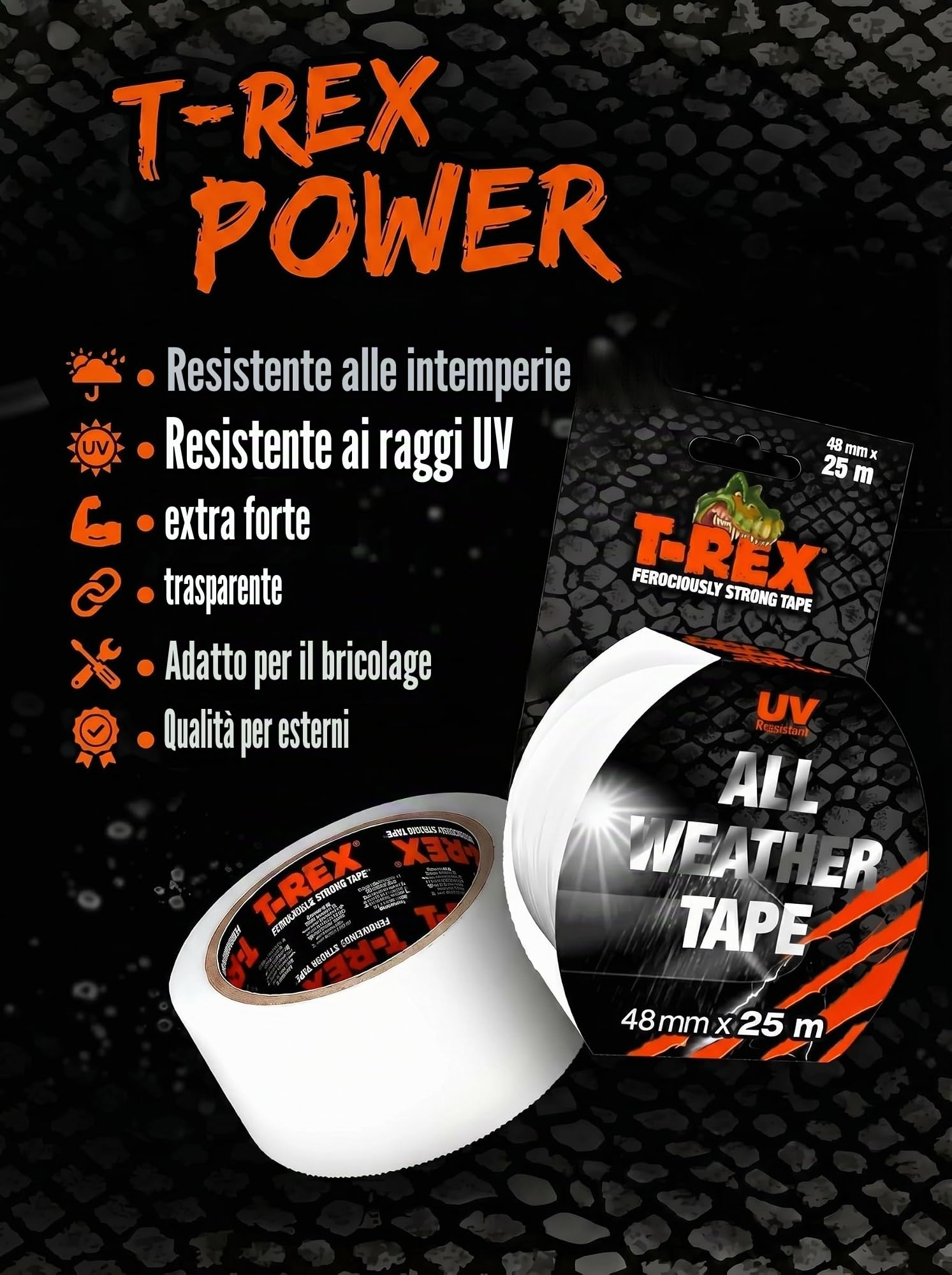 T-REX All Weather Tape - Nastro impermeabile per riparazioni extra forte per uso interno ed esterno - trasparente e resistente alle intemperie | 48 mm x 25 m