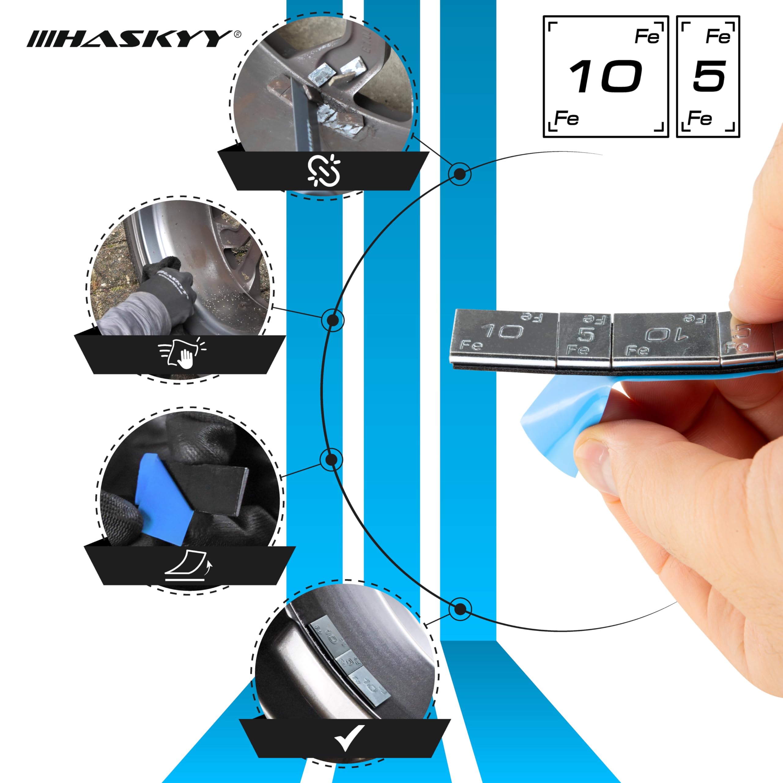 HASKYY Pesi adesivi, pesi in acciaio zincato, 100 barrette adesive da 60 g, con bordo da 6 kg, argento, 4 x 5 g, 4 x 10 g