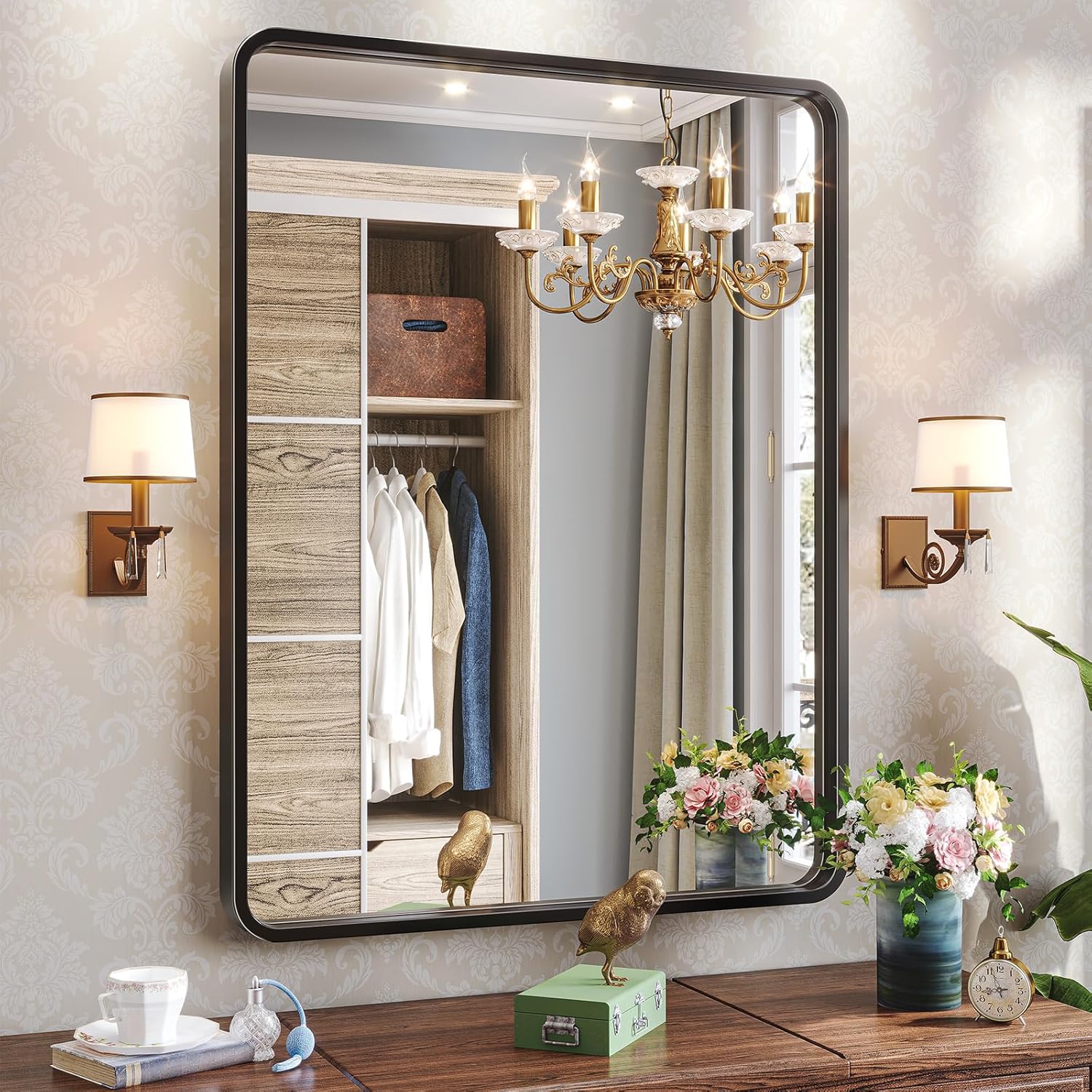 Brightify Black Bathroom Mirror, 20x28 Inch Matte Metal Frame Vanity Mirror, Black