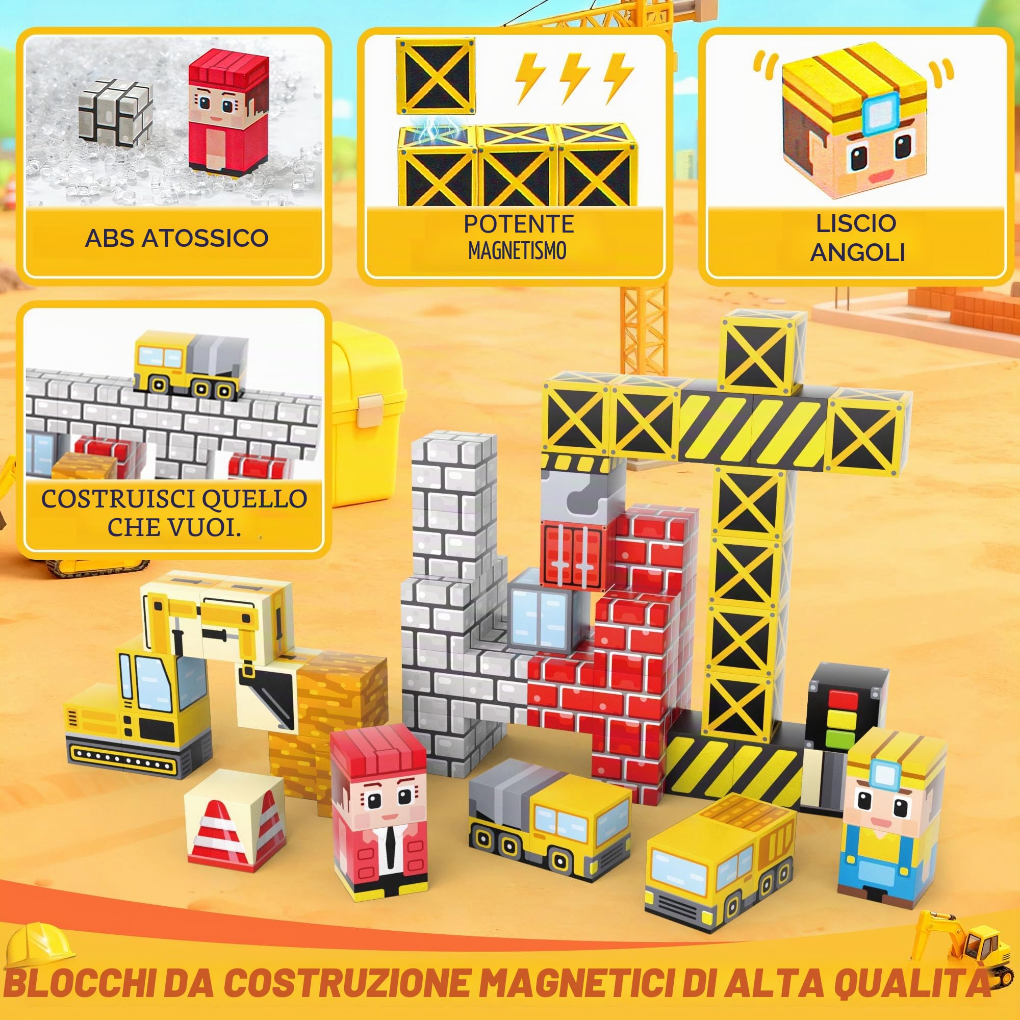 54 Pezzi Blocchi Magnetici Mini, Giocattoli da Viaggio con Scatola Portatile in Ferro per Bambini 3+, Cubi Magnetici a Tema Costruzioni per Viaggi in Aereo e Auto