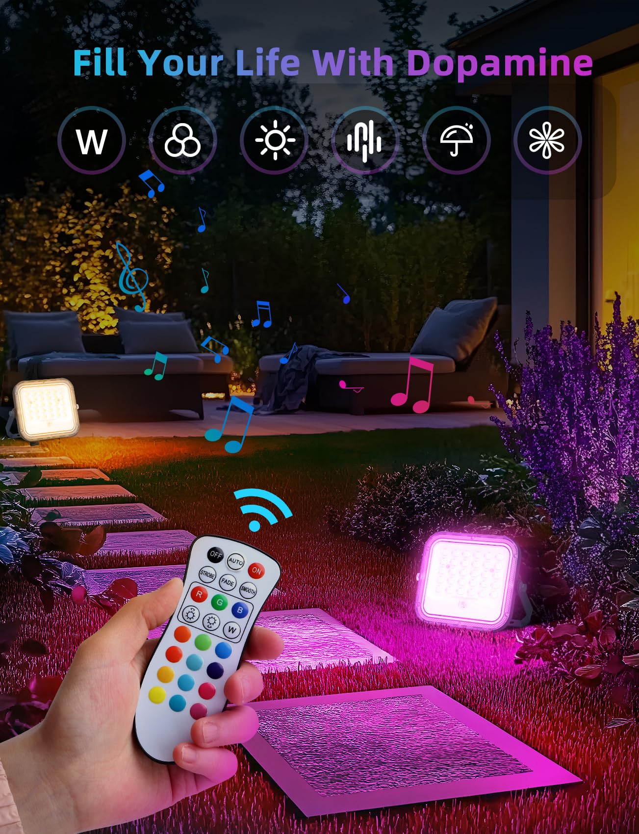 Aigostar Focos LED Exterior Solares RGBW, Cambio de Color 50W, Foco RGB+6500K y 3 Modos, Regulable, Control Remoto, IP66 Impermeable, Proyector LED RGB para Fiestas Jardín Terraza, 4 pcs