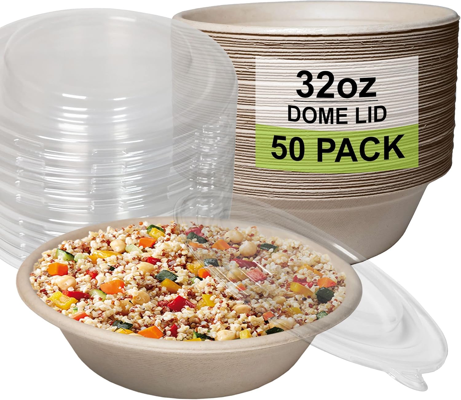50 Count - EcoQuality 32oz Round Disposable Bowls with Dome Lids Natural Sugarcane Bagasse Bamboo Fibers Sturdy Compostable Eco Friendly Environmental Paper Plastic Bowl Alternative Tree Free
