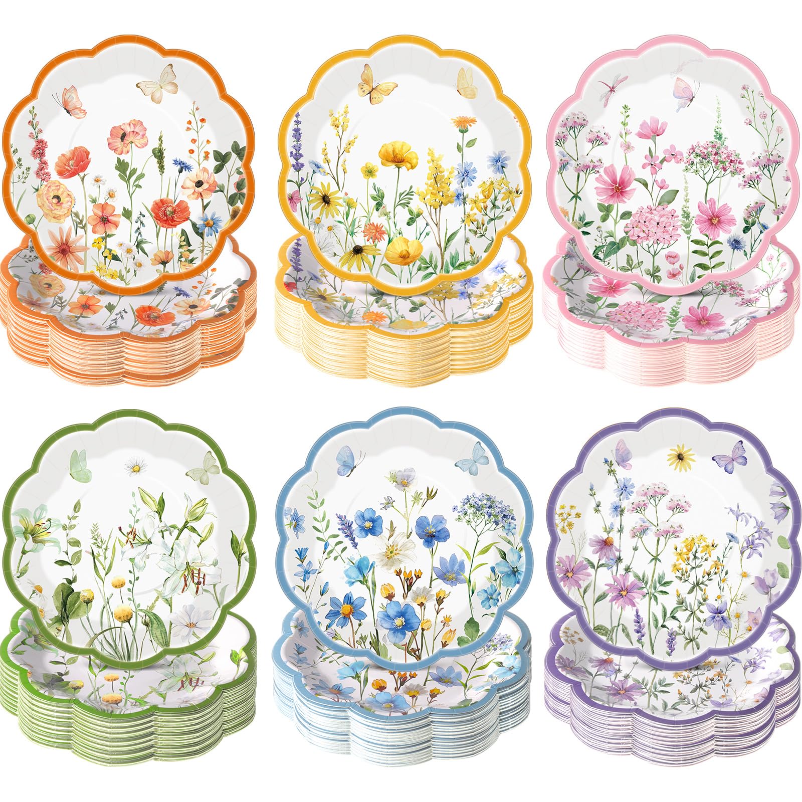 Funnymoom 60 Pcs 7 Inch Wildflower Paper Plates Spring Floral Disposable Party Plate for Dessert Summer Flower Scalloped Plate for Baby Bridal Shower Wedding Birthday Tea Party Decoration Supplies