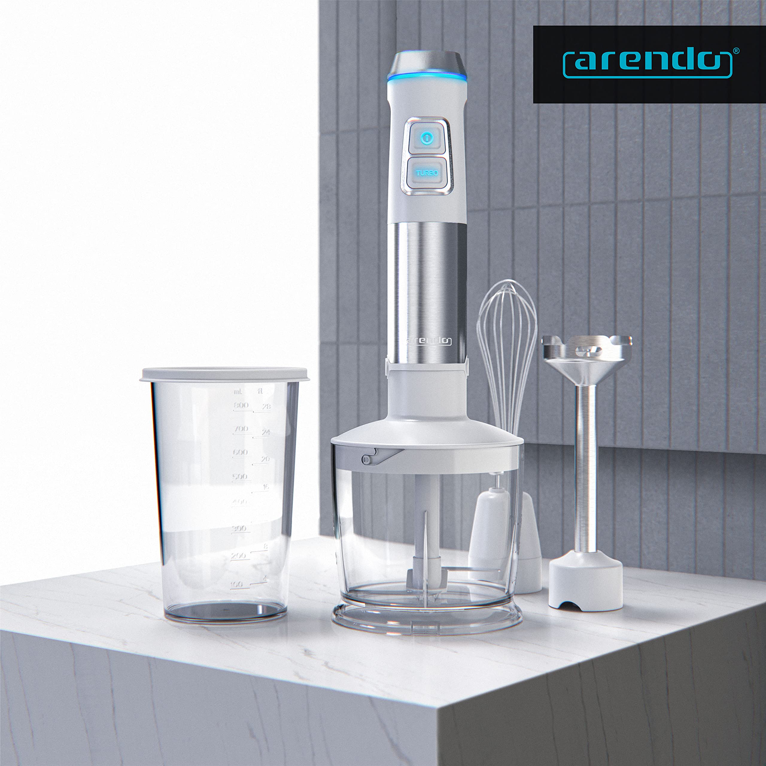 Arendo - Frullatore a immersione in acciaio inox da 1200 Watt - Frullatore ad immersione - Velocità continua - Coltello a 4 ante - Misurino da 800 ml - frusta - Piedino rimovibile