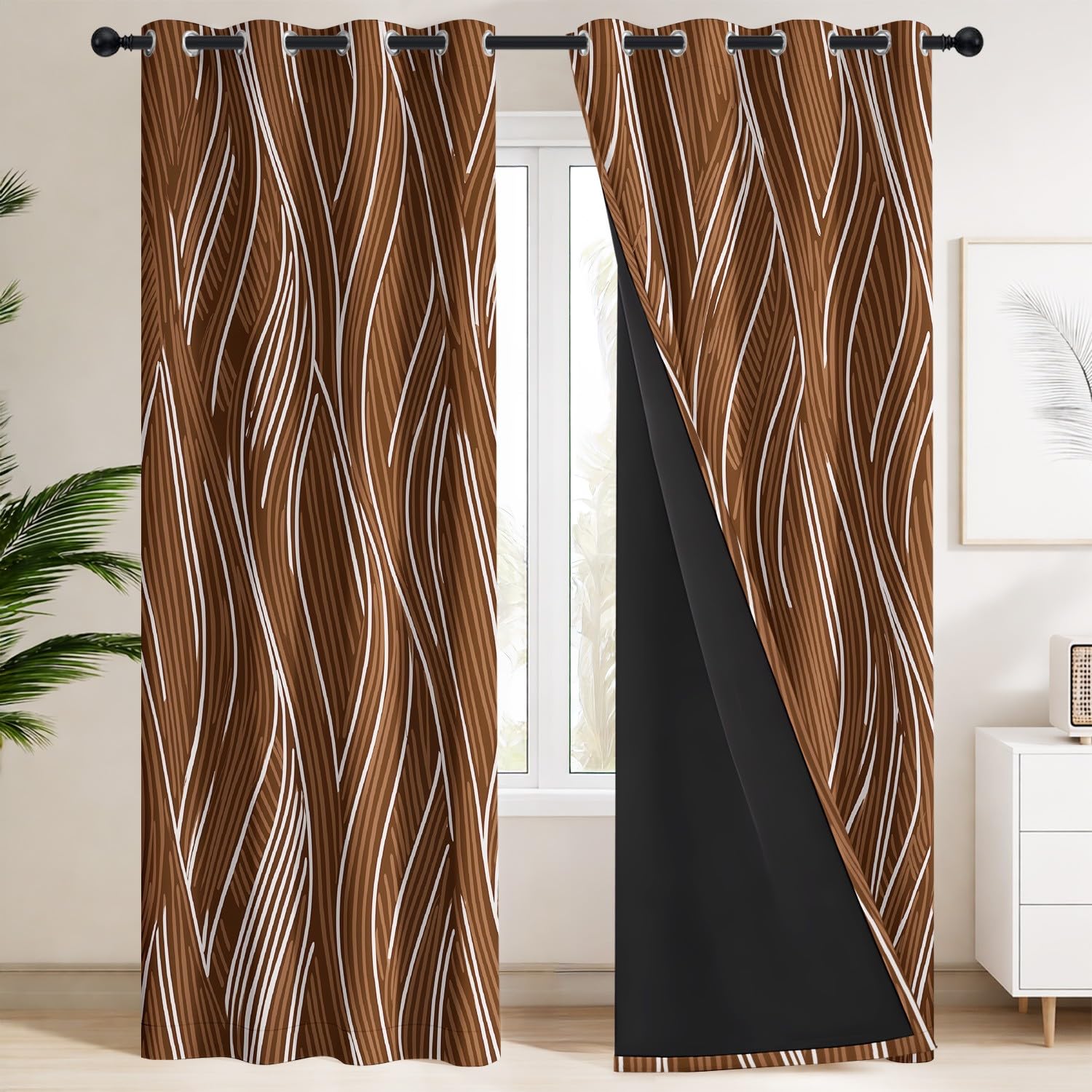 Abstrakcyjna geometryczna zasłona zaciemniająca, zestaw 2 l, 140 x wys. 180 cm, brązowe, białe, faliste linie, nadruk z przelotkami, izolacja termiczna, ochrona przed zimnem, do salonu i pokoju