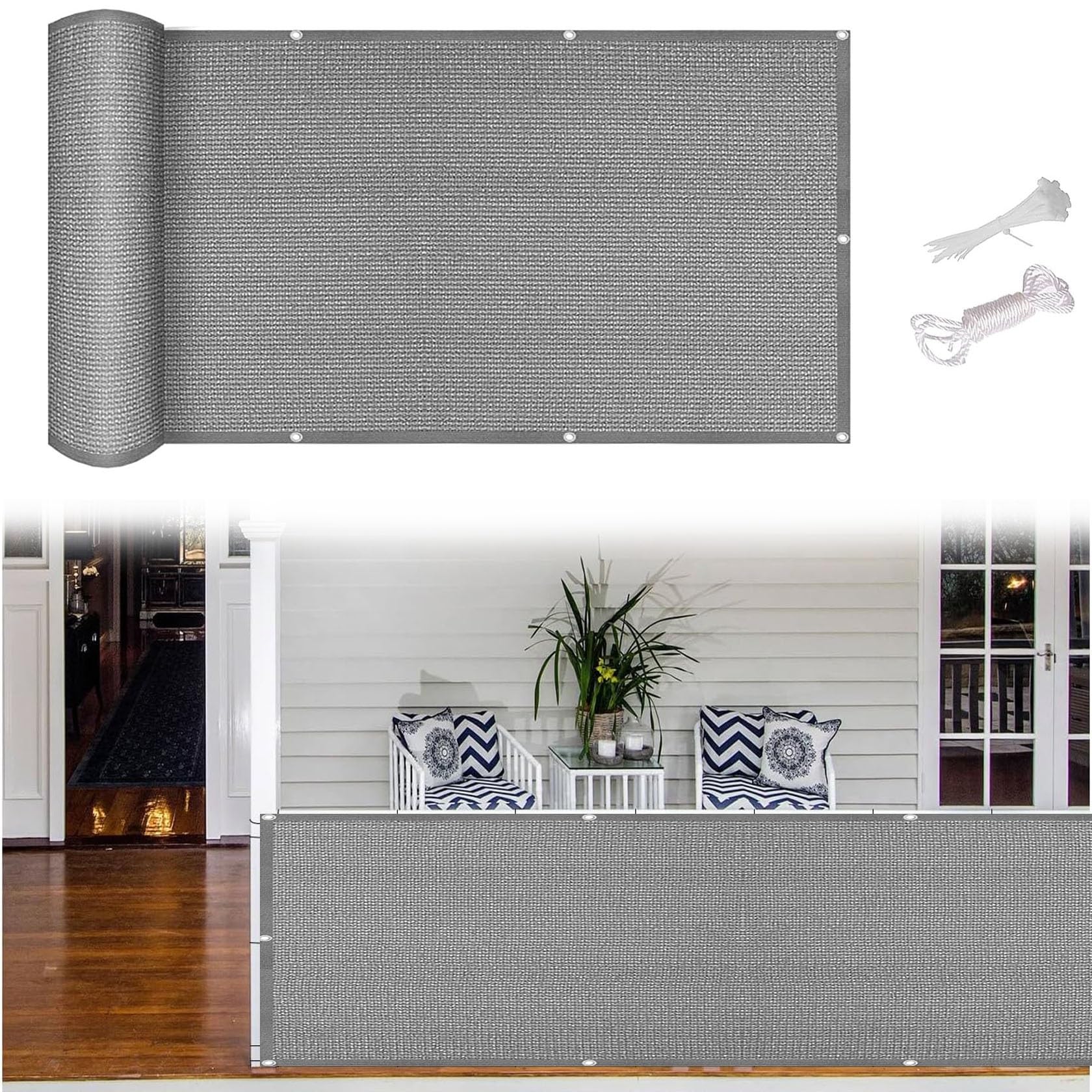 Balcony Screening Balcony Cover 105 x 260 cm(41 x 102inch) UV Protection Balcony Screening Balcony Cover for Shade Railing Shield Mesh with Cable Ties for Backyard Deck Railing, Grey