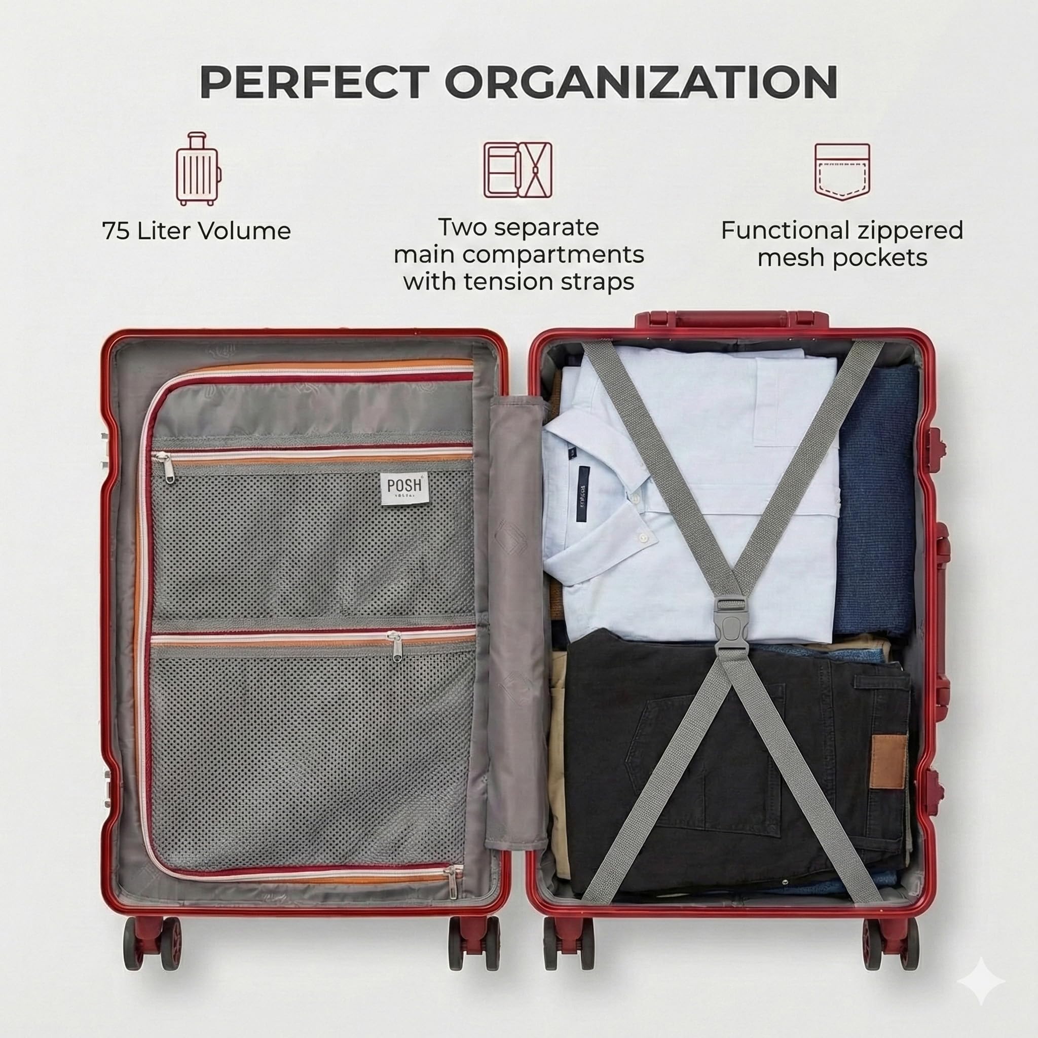 POSH Valigia Media - Trolley in Policarbonato con Telaio in Alluminio e 2 Chiusure TSA - Ruote Doppie Silenziose a 360° - Bagaglio a Mano Grande da Viaggio 70 cm, 75 L - Include Custopia Protettiva