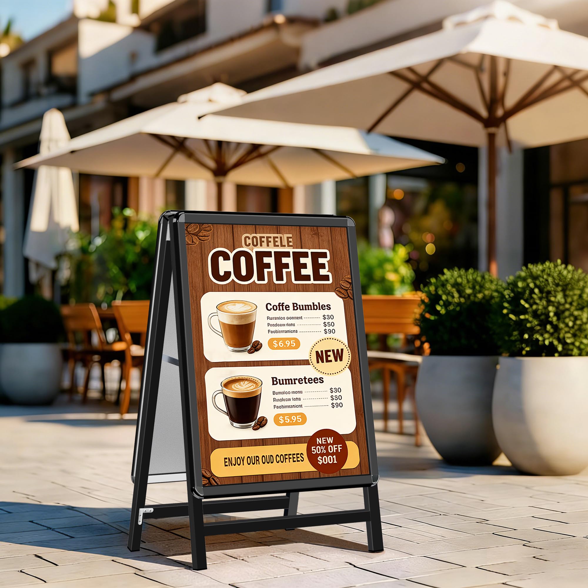 Pavimentazione Cartello Cornice A2 in Alluminio - Cavalletto Pubblicitario Doppia Faccia per Menu Ristorante/Offerte Promozionali/Negozi, Supporto Poster da Parete o Pavimento, Nero