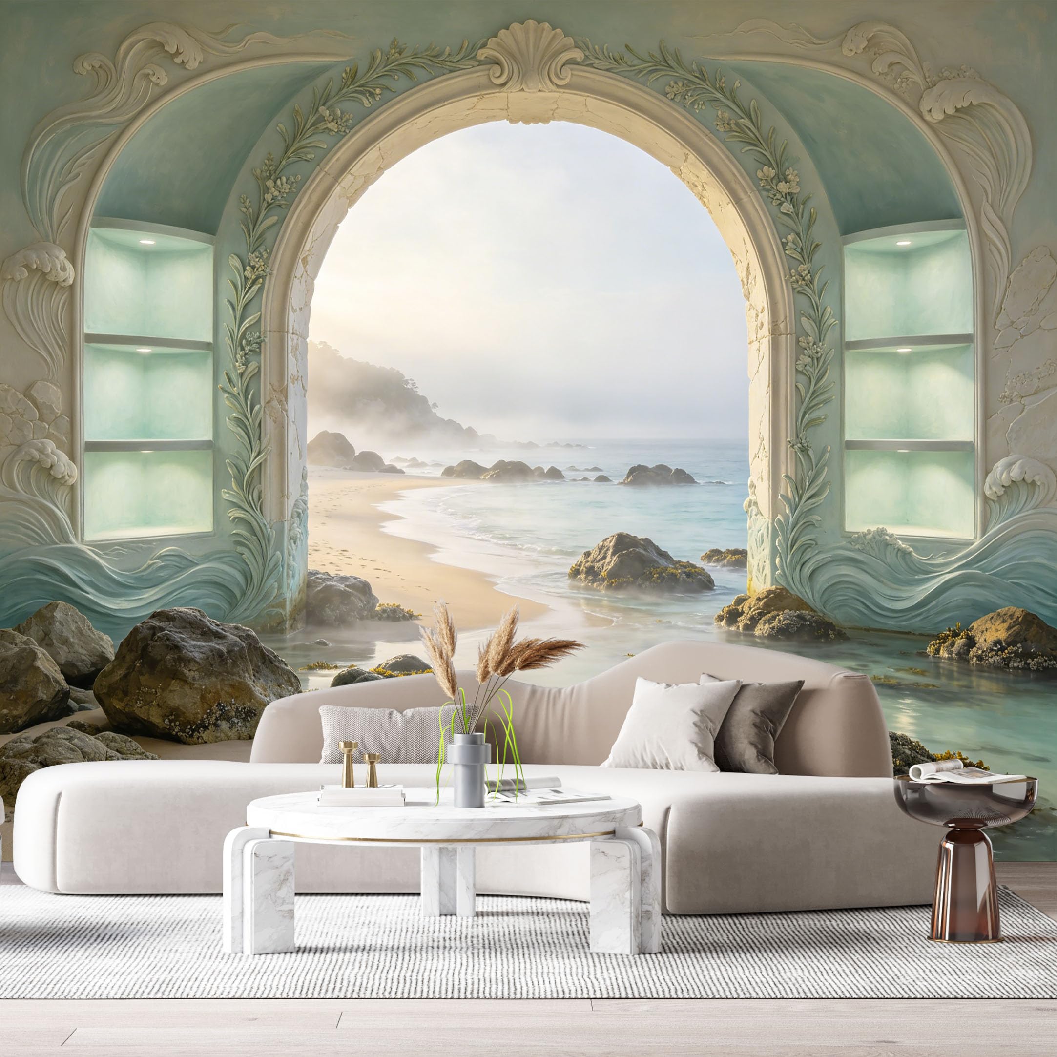 Custom Size Wall Murals Coastal Ocean Beach Archway 3D Trompe L'Oeil SelfAdhesiveWall Fabric Removable Wallpaper Wall Decor for Living Room Bedroom Bathroom