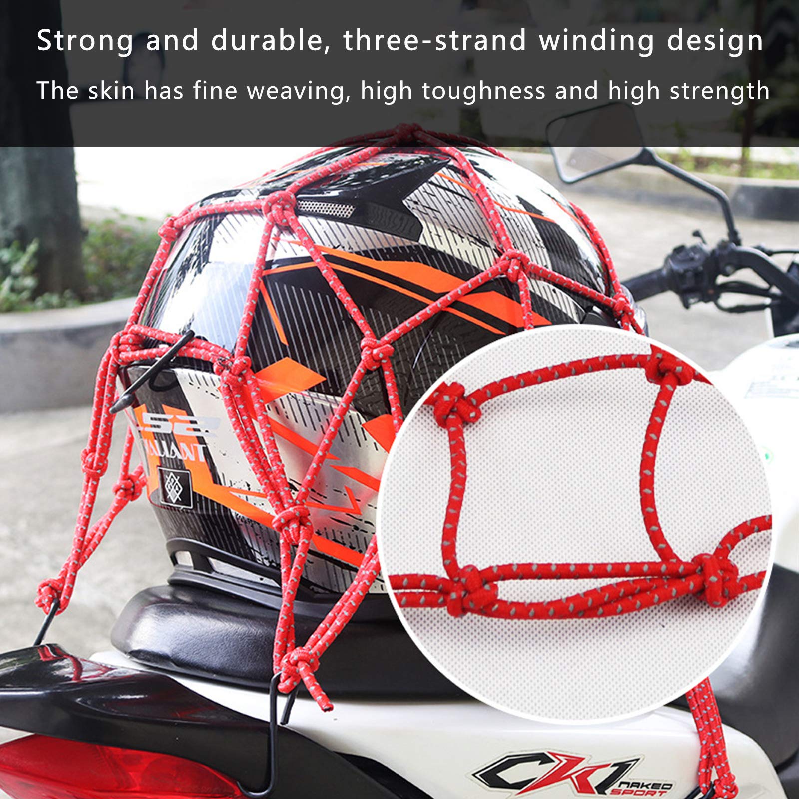 Bungee net voor motorfiets, bagagenet voor motorfiets, zeer elastisch polyester vracht bungee net met 4 haken, 360 graden draaibaar, eenvoudig te installeren motornet voor het opbergen van bagage