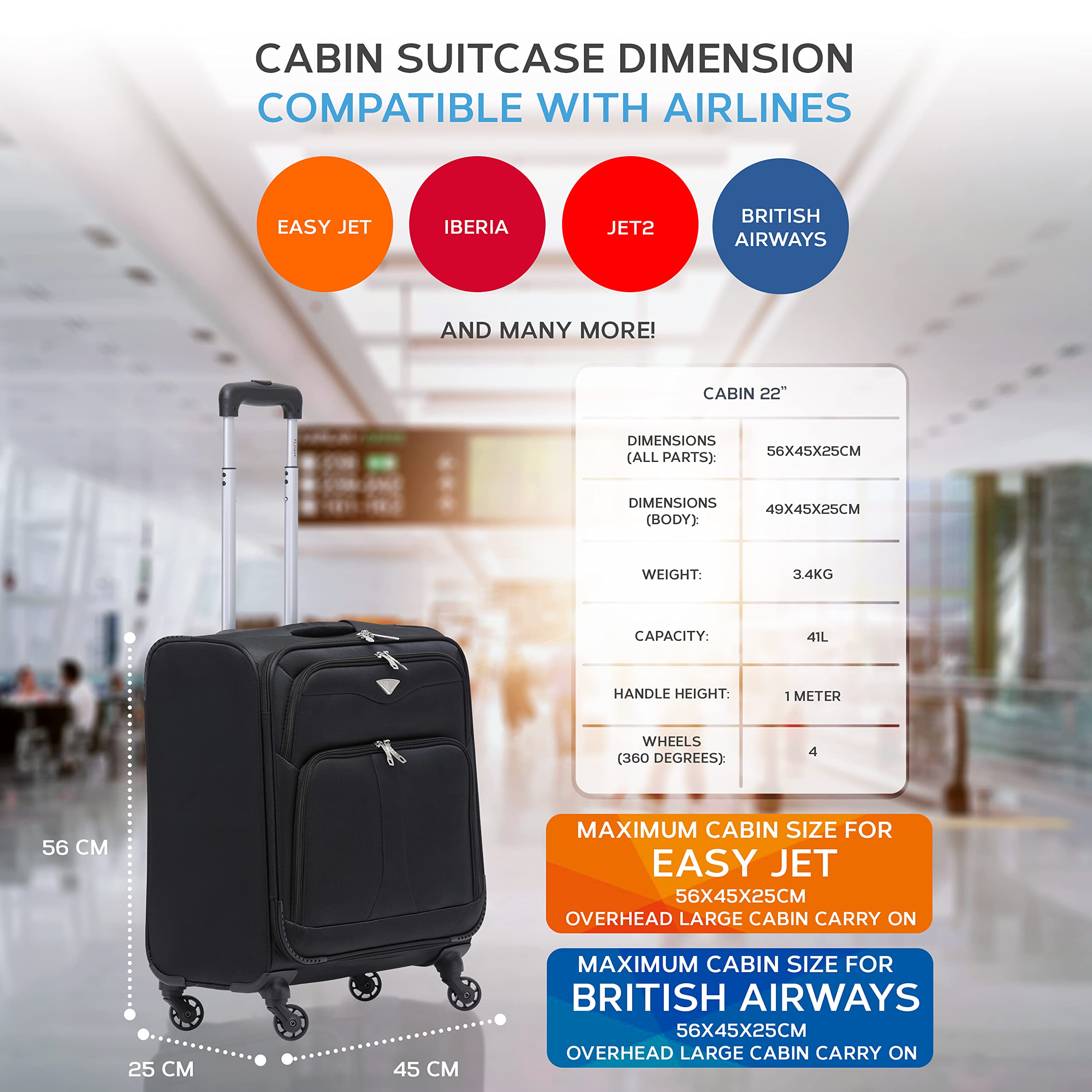 Flight Knight Lightweight 4 Wheel 800D Soft Case Suitcase Cabin Carry On Hand Luggage Approved for easyJet & BA Maximium Size Overhead Carry On