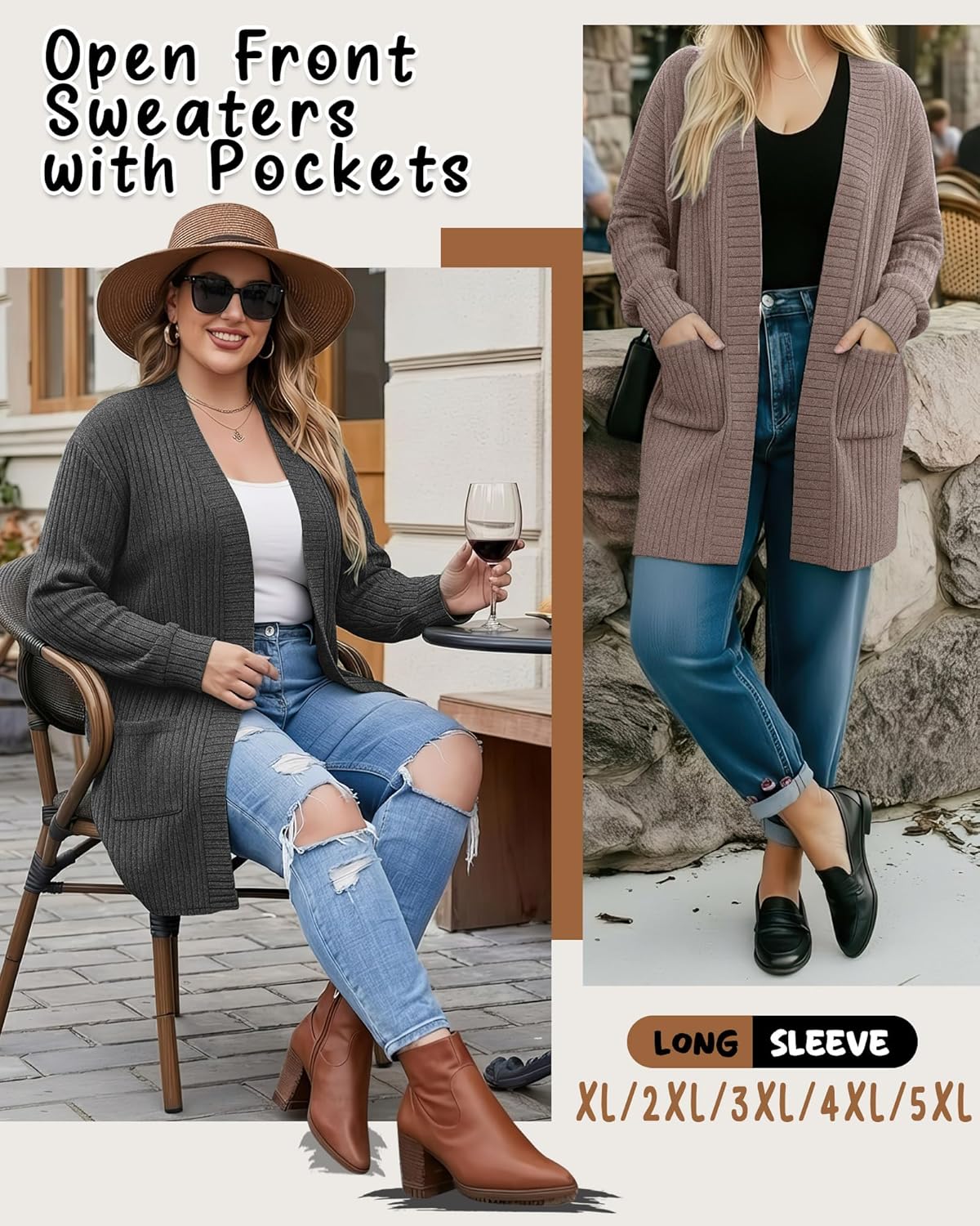 Huukeay 2 Pack Women's Plus Size Cardigans, Long Sleeves Knit Outerwear Coats Open Front Casual Spring Sweaters with Pockets