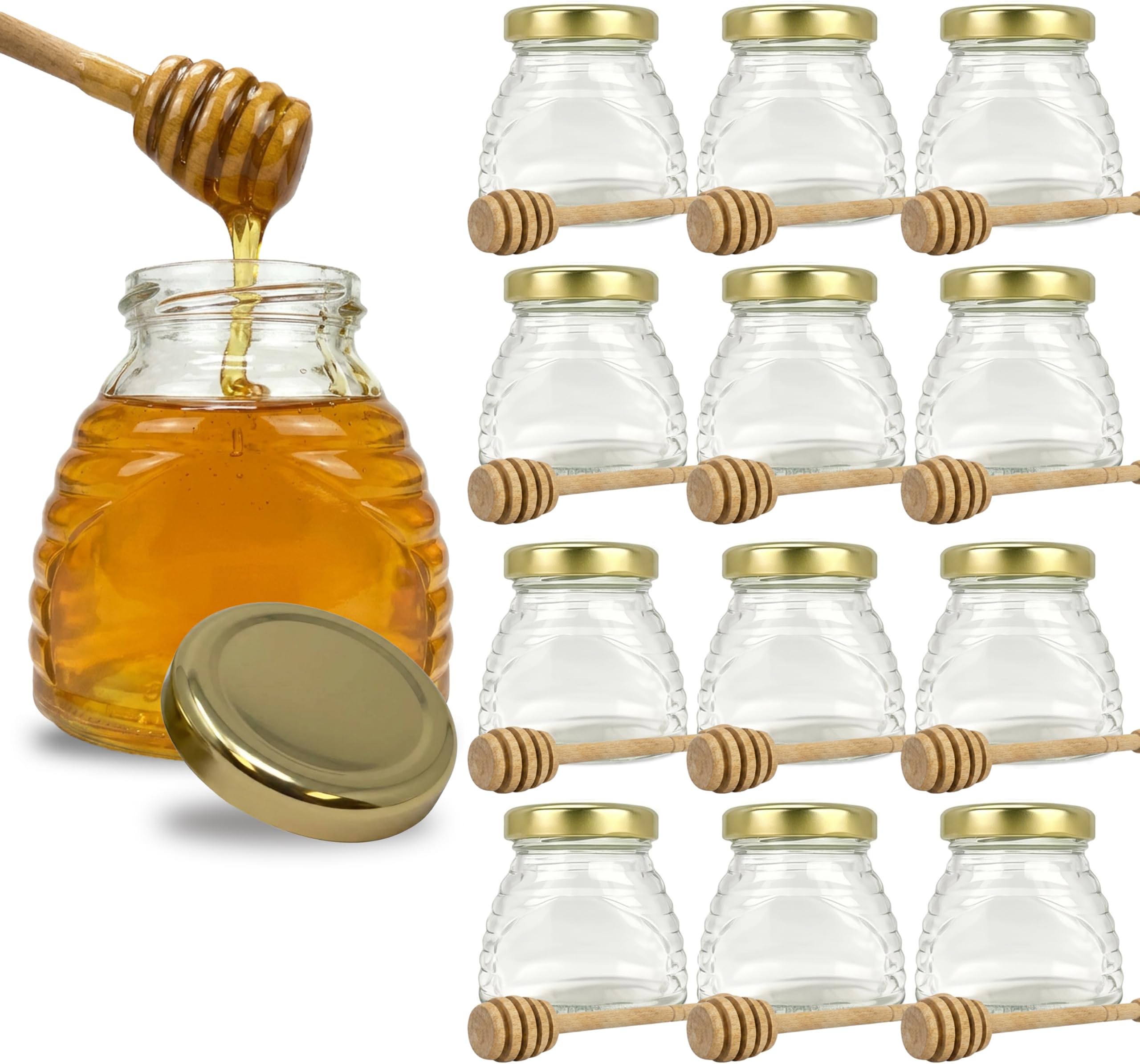 RetroPak Beehive Honey Jars with Dippers, 12 Pack, 12 oz Glass Jars, Gold | Perfect for farmers markets, gift baskets, and cottage food sales