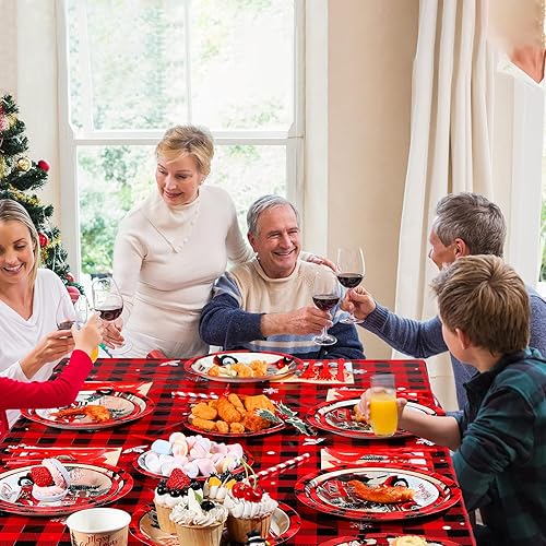 Miniatura 6 de Juego de vajilla desechable de 194 piezas, diseño de camión rojo de Navidad, suministros de fiesta de Feliz Navidad, incluye platos de camión rojo,