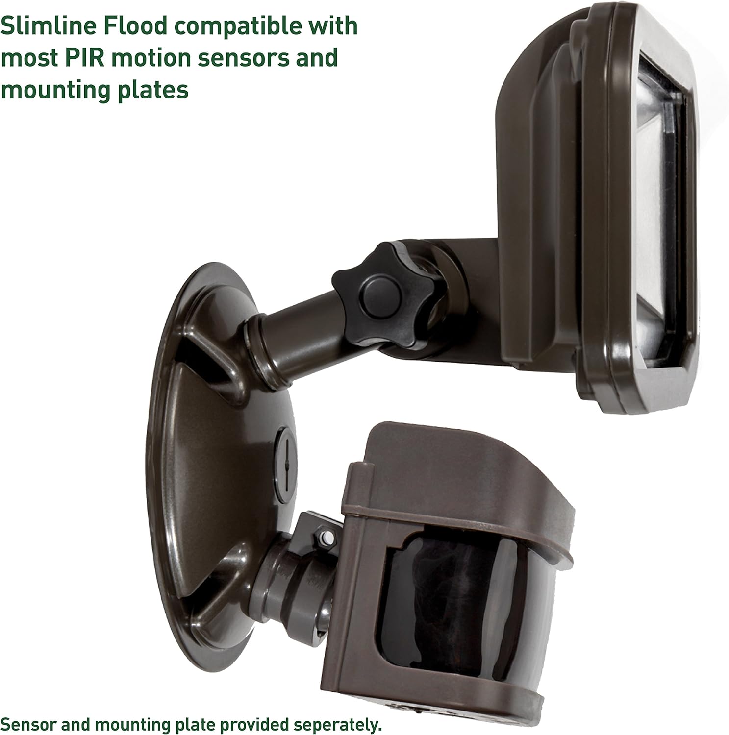 Luceco Slimline Outdoor LED Floodlight shown mounted alongside a separate motion sensor, illustrating compatibility.